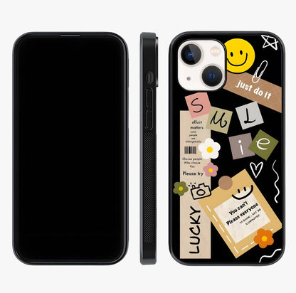 Lucky Aesthetic Collage Glass Case displayed upright for full design visibility and premium finish.
