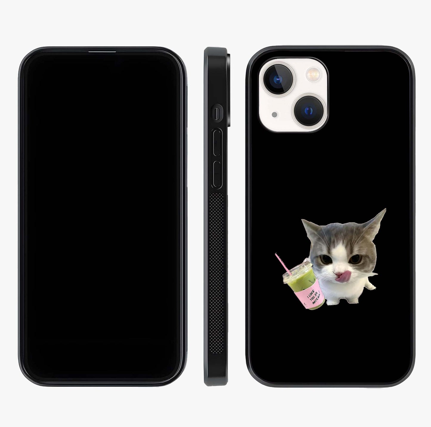 Matcha Cat Style Glass Case displayed upright for full design visibility and premium finish.