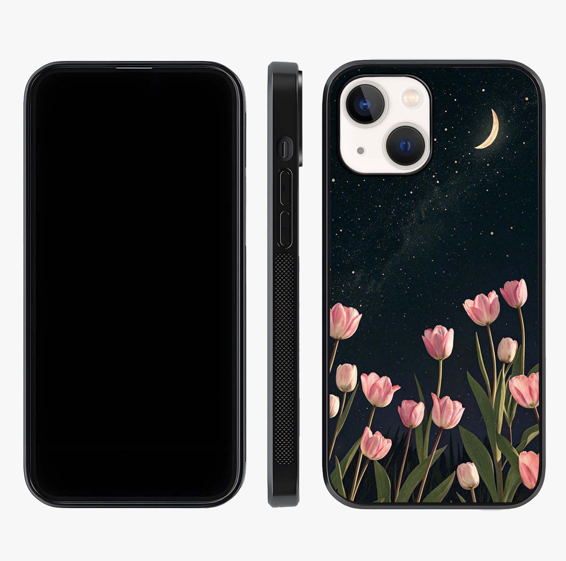 Midnight Tulip Whispers Vibe Glass Case displayed upright for full design visibility and premium finish.