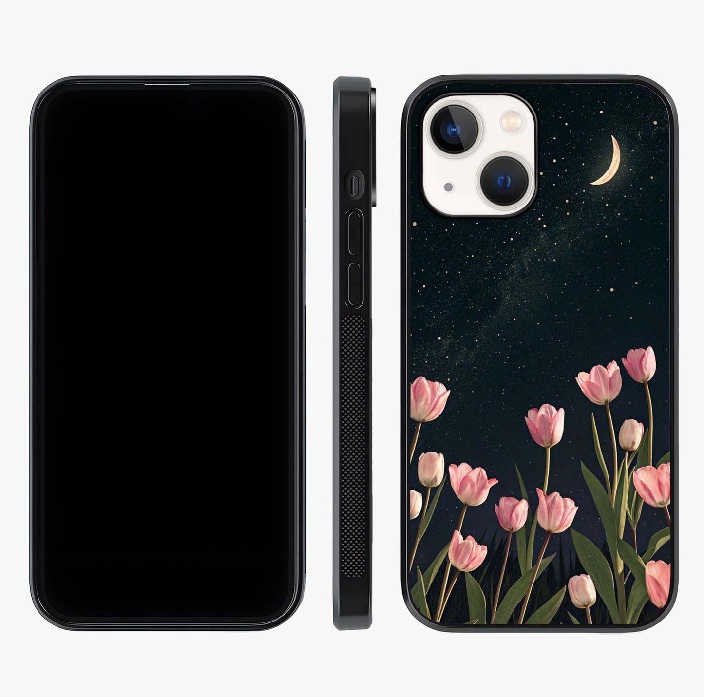 Midnight Tulip Whispers Vibe Glass Case displayed upright for full design visibility and premium finish.