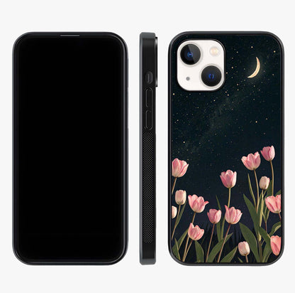 Midnight Tulip Whispers Vibe Glass Case displayed upright for full design visibility and premium finish.