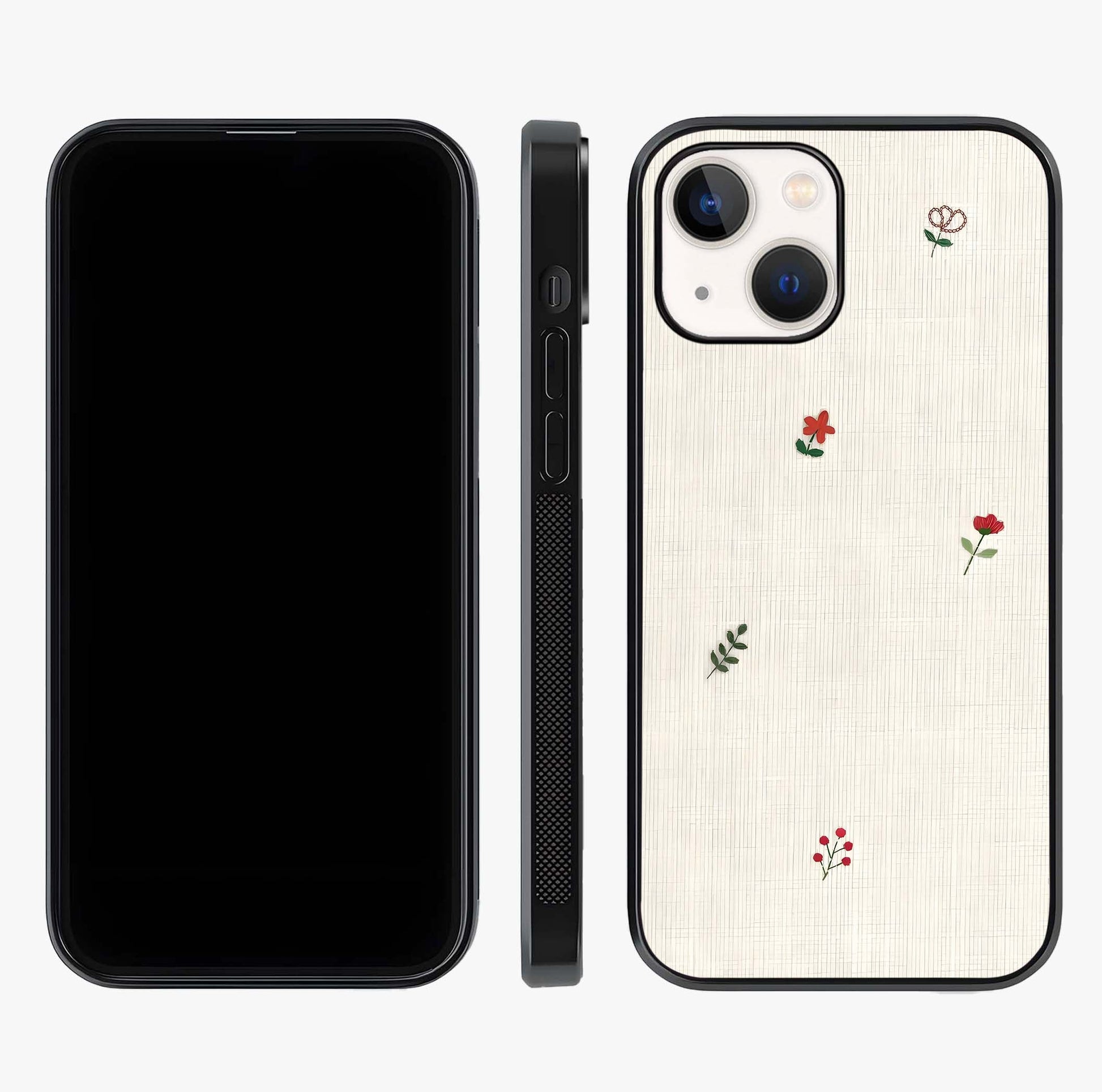 Minimal Petal Whispers Glass Case displayed upright for full design visibility and premium finish.