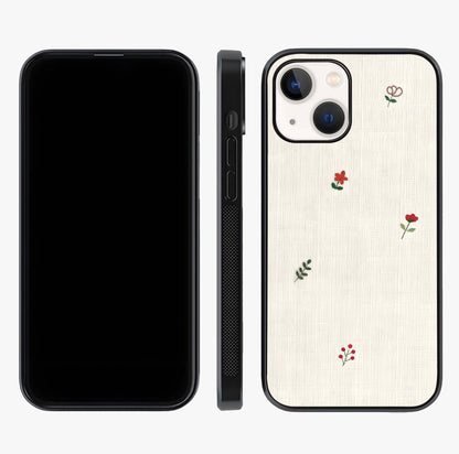 Minimal Petal Whispers Glass Case displayed upright for full design visibility and premium finish.