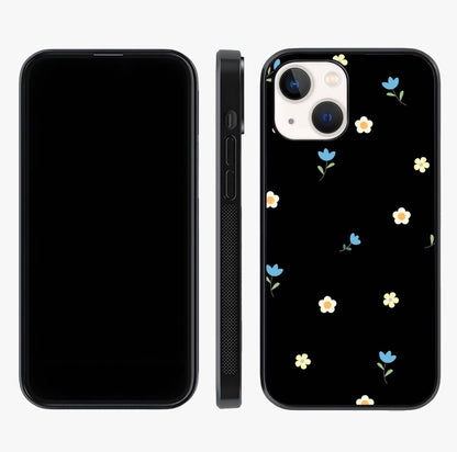 Minimalistic Blue With White Flower Pattern Glass Case displayed upright for full design visibility and premium finish.