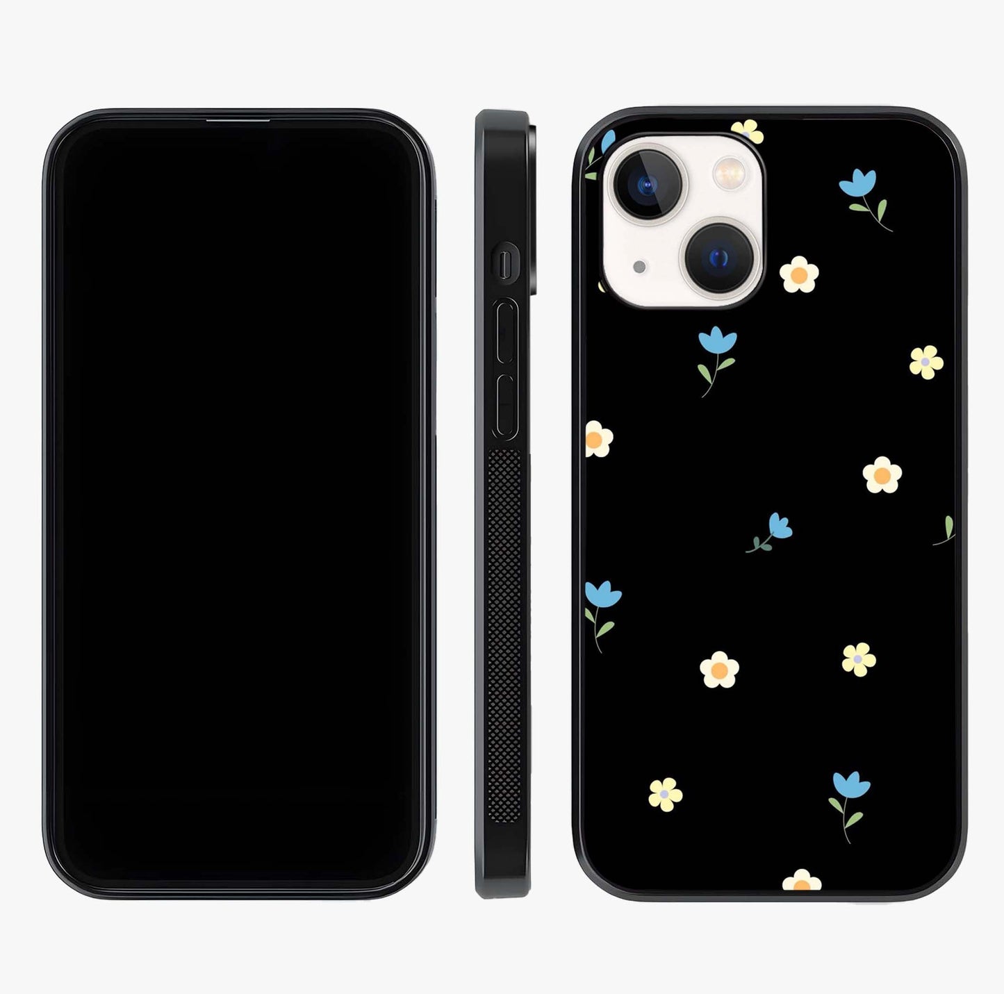 Minimalistic Blue With White Flower Pattern Glass Case displayed upright for full design visibility and premium finish.