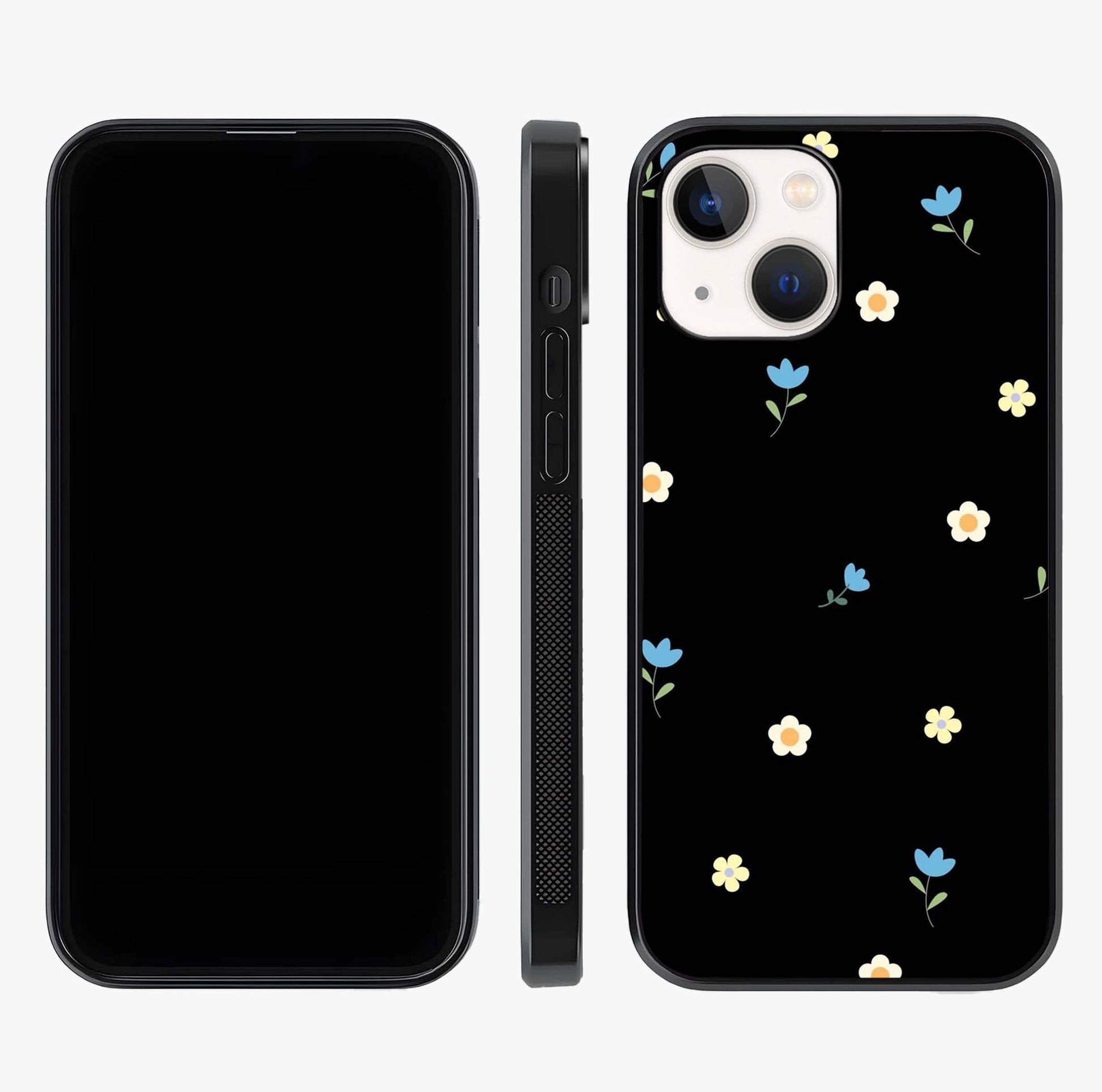Minimalistic Blue With White Flower Pattern Glass Case displayed upright for full design visibility and premium finish.