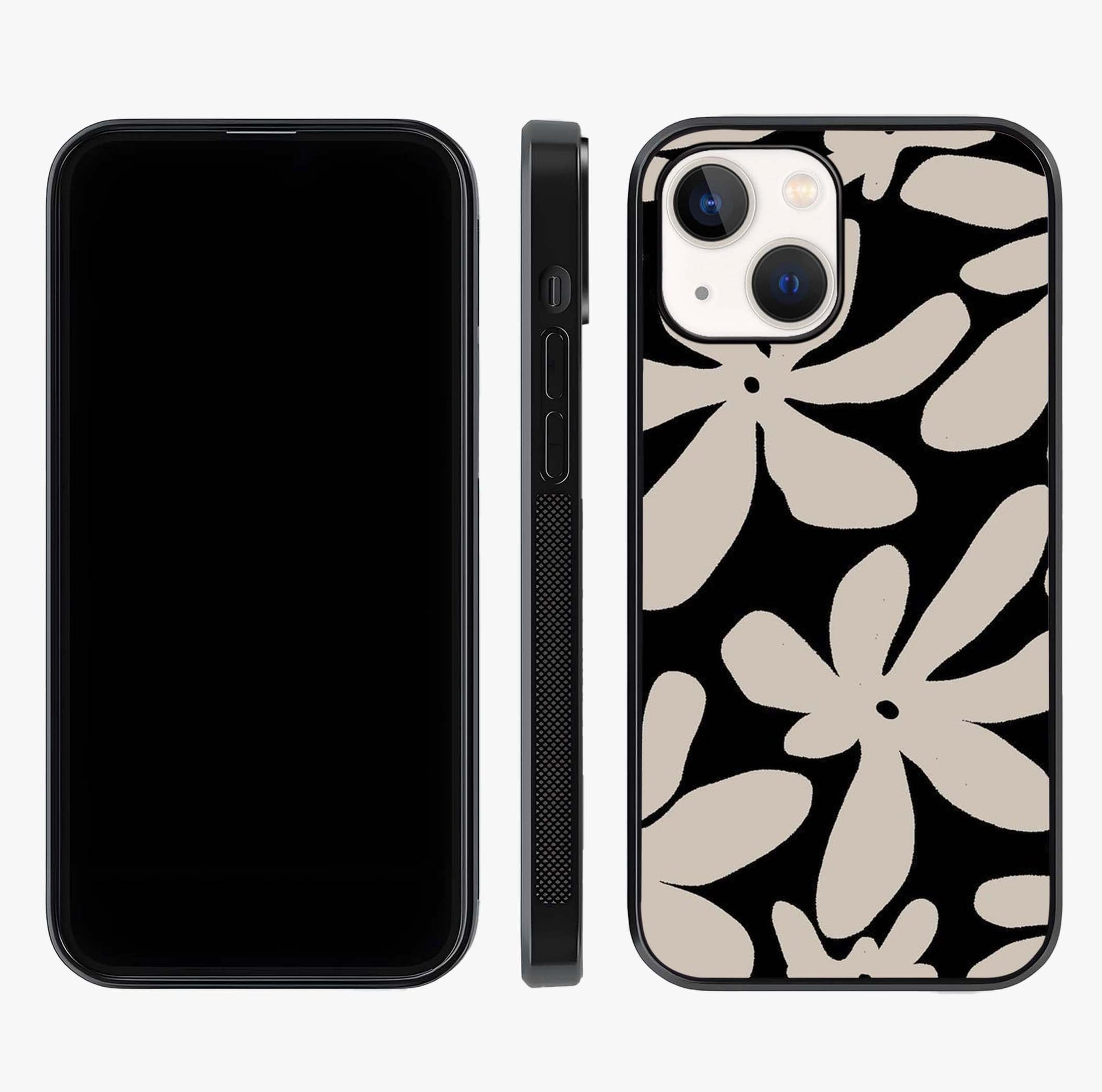 Monochrome Petal Dance Glass Case displayed upright for full design visibility and premium finish.