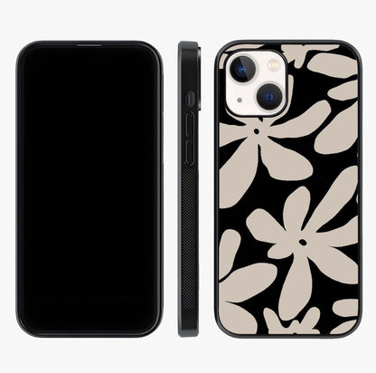 Monochrome Petal Dance Glass Case displayed upright for full design visibility and premium finish.
