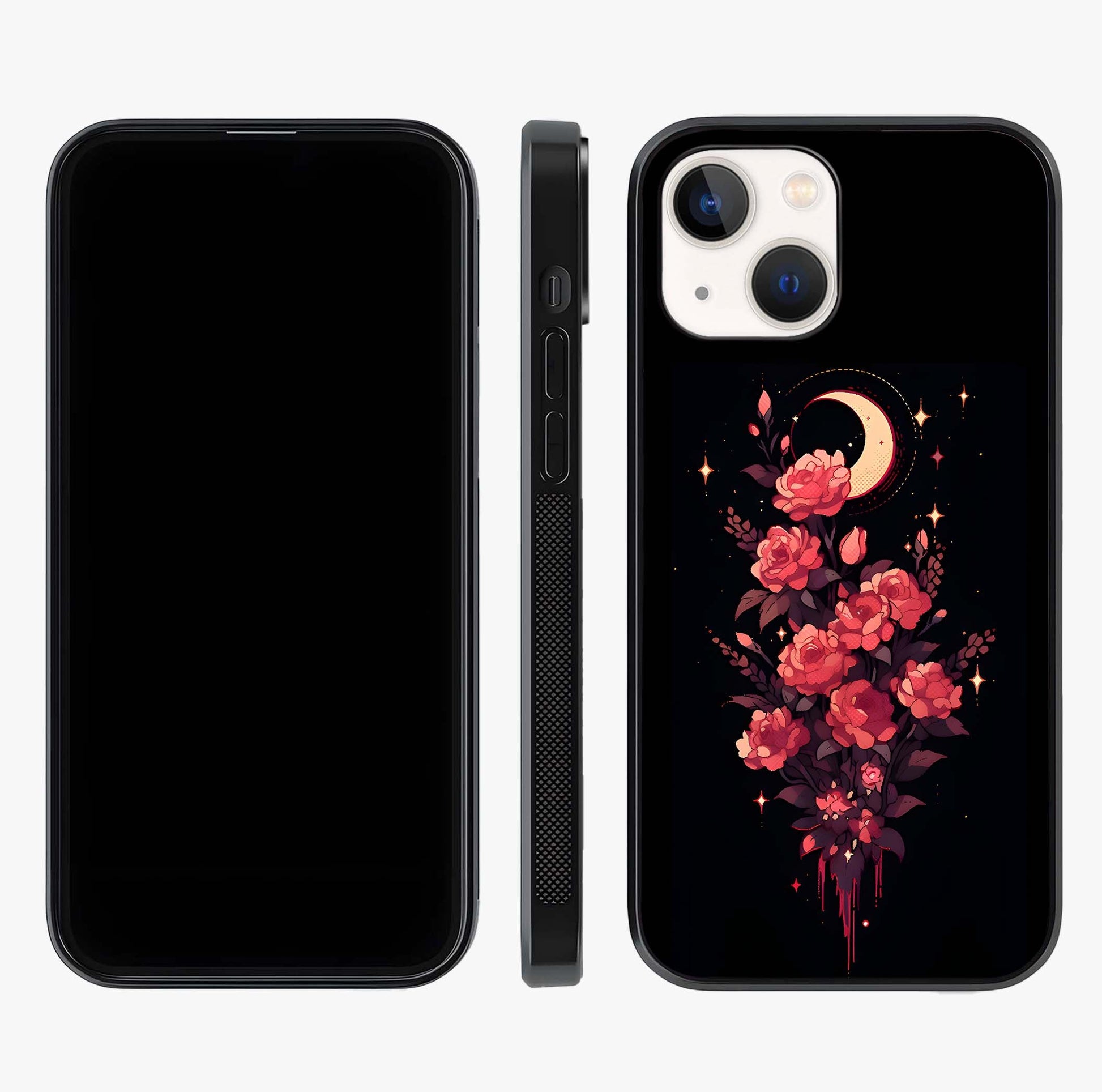 Moonlit Floral Elegance Glass Case displayed upright for full design visibility and premium finish.