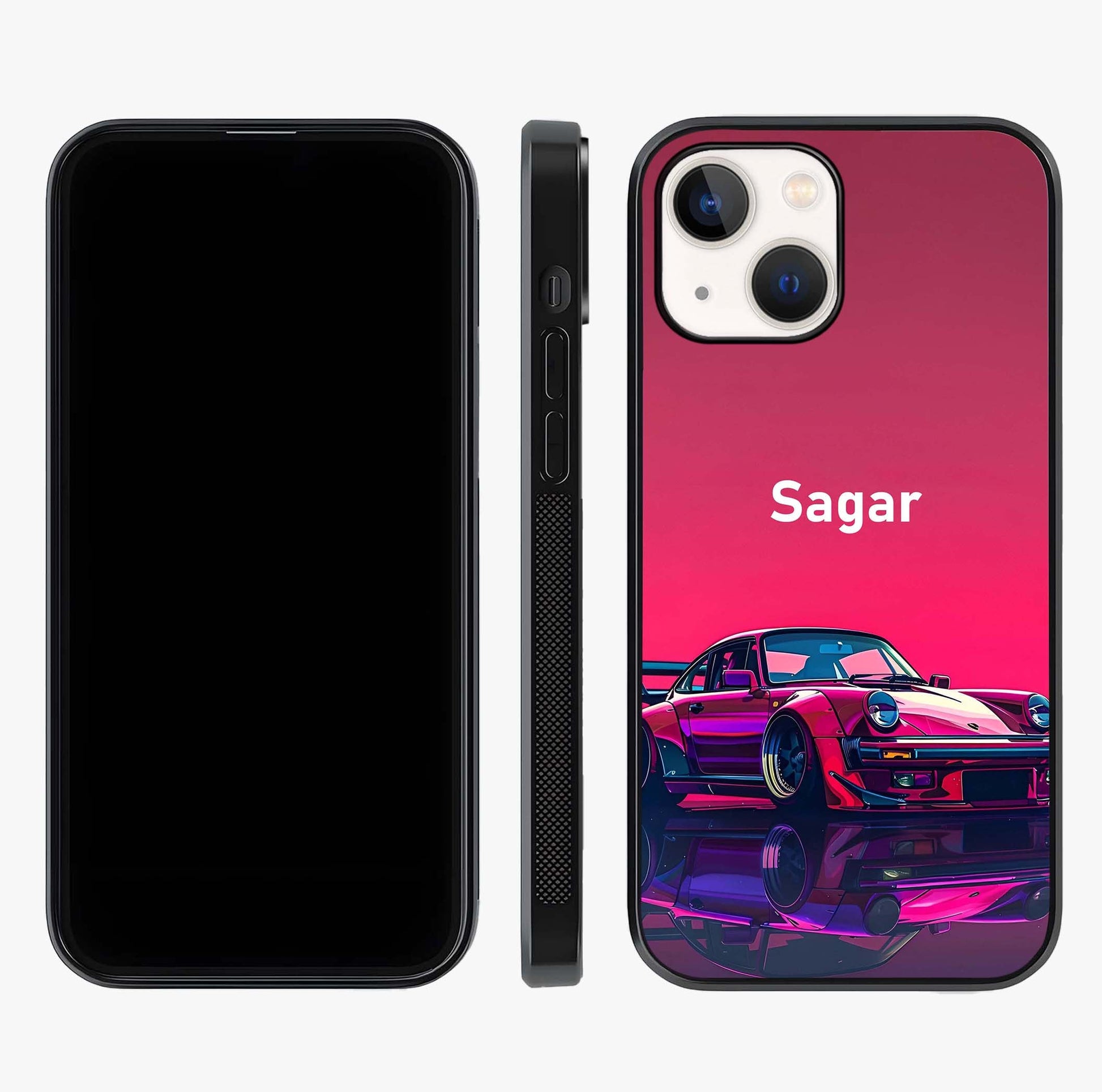 Neon Pink Porsche Glass Case displayed upright for full design visibility and premium finish.