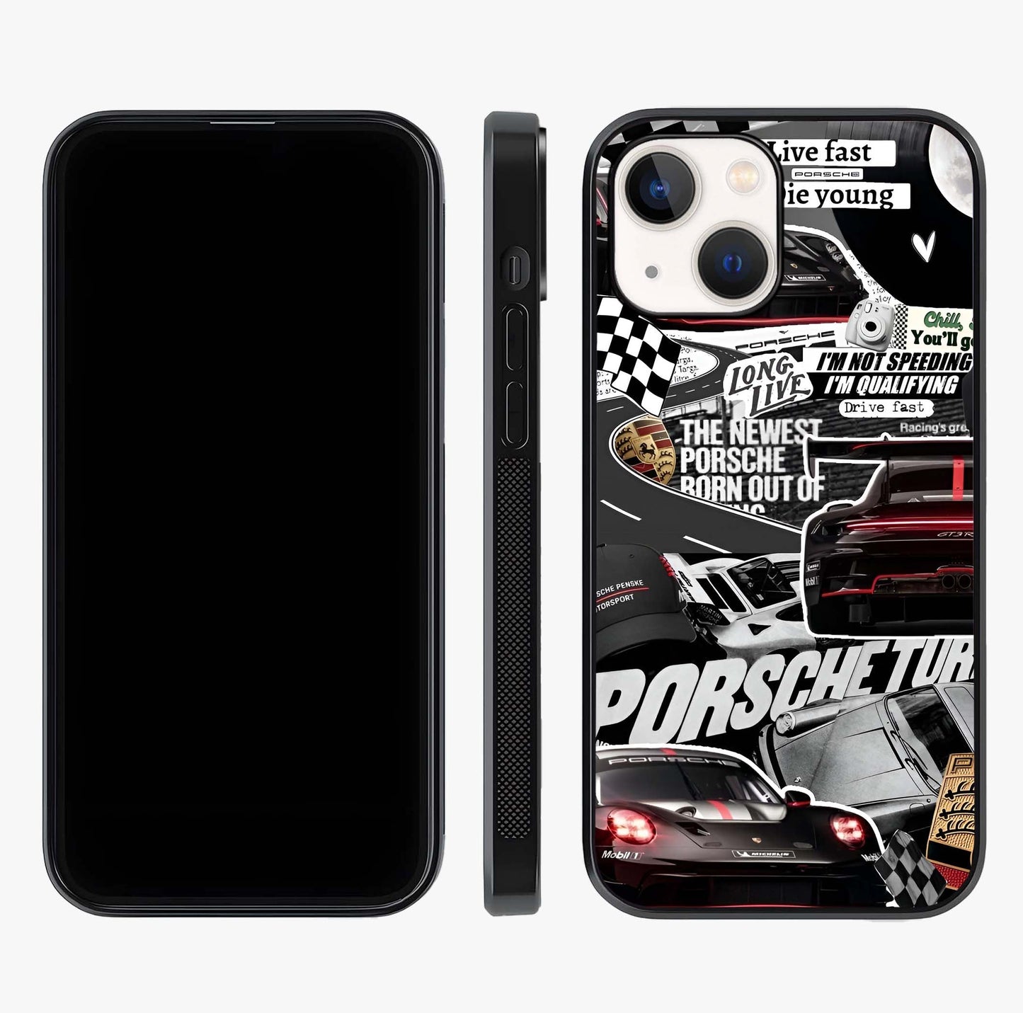 Porsche Racing Collage Glass Case displayed upright for full design visibility and premium finish.