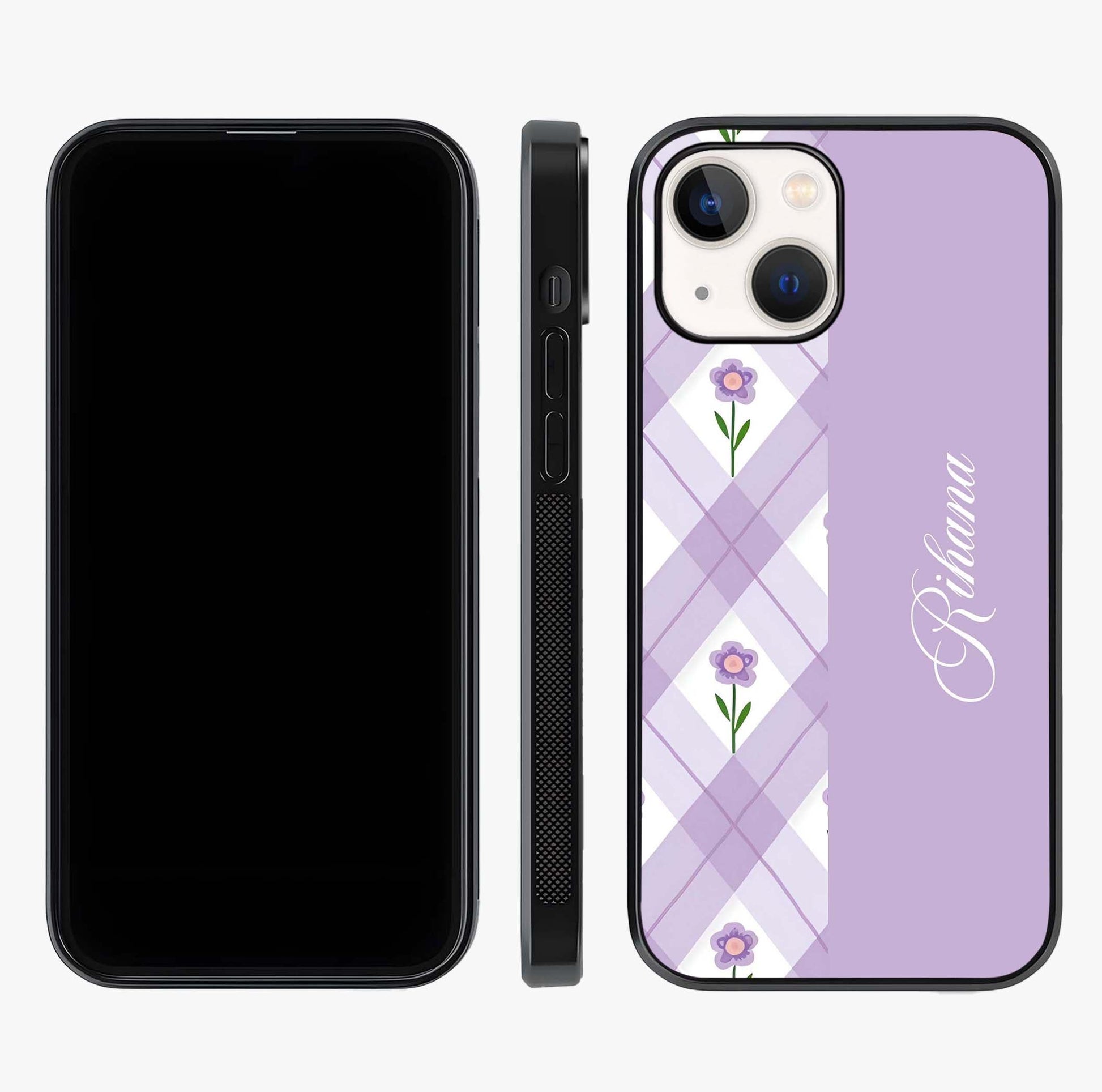 Purple Diamond Floral Glass Case displayed upright for full design visibility and premium finish.