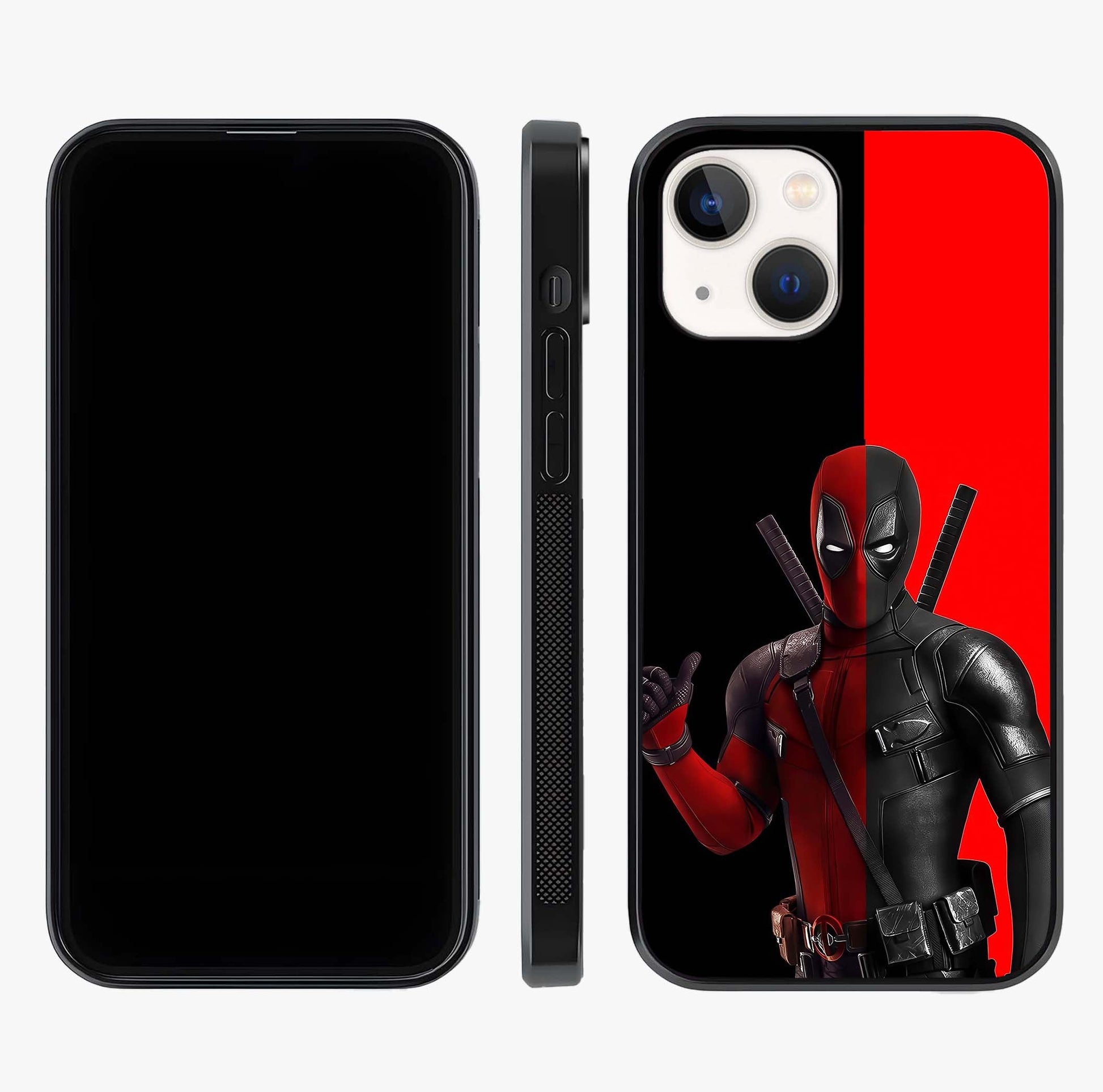 Red & Black Deadpool Theme Glass Case displayed upright for full design visibility and premium finish.