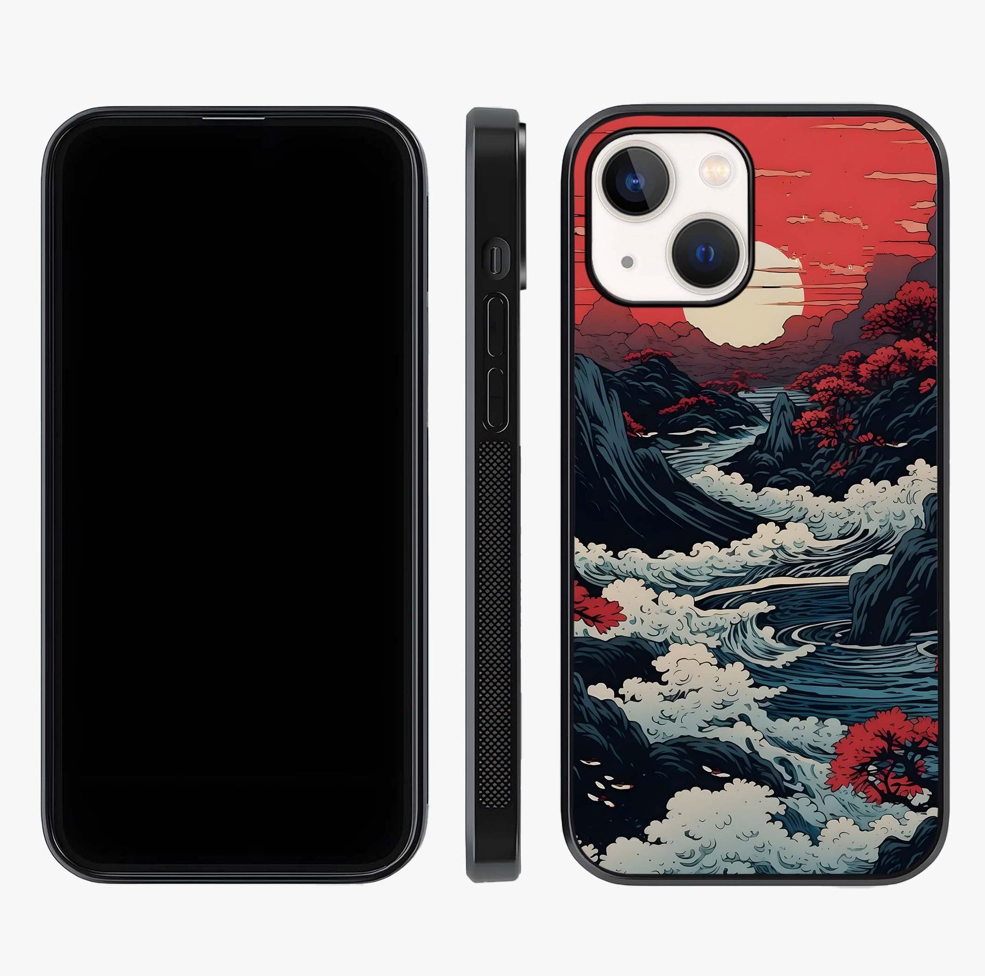 Red Sunset Scenery Glass Case displayed upright for full design visibility and premium finish.