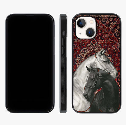 Regal Stallion Tapestry Glass Case displayed upright for full design visibility and premium finish.