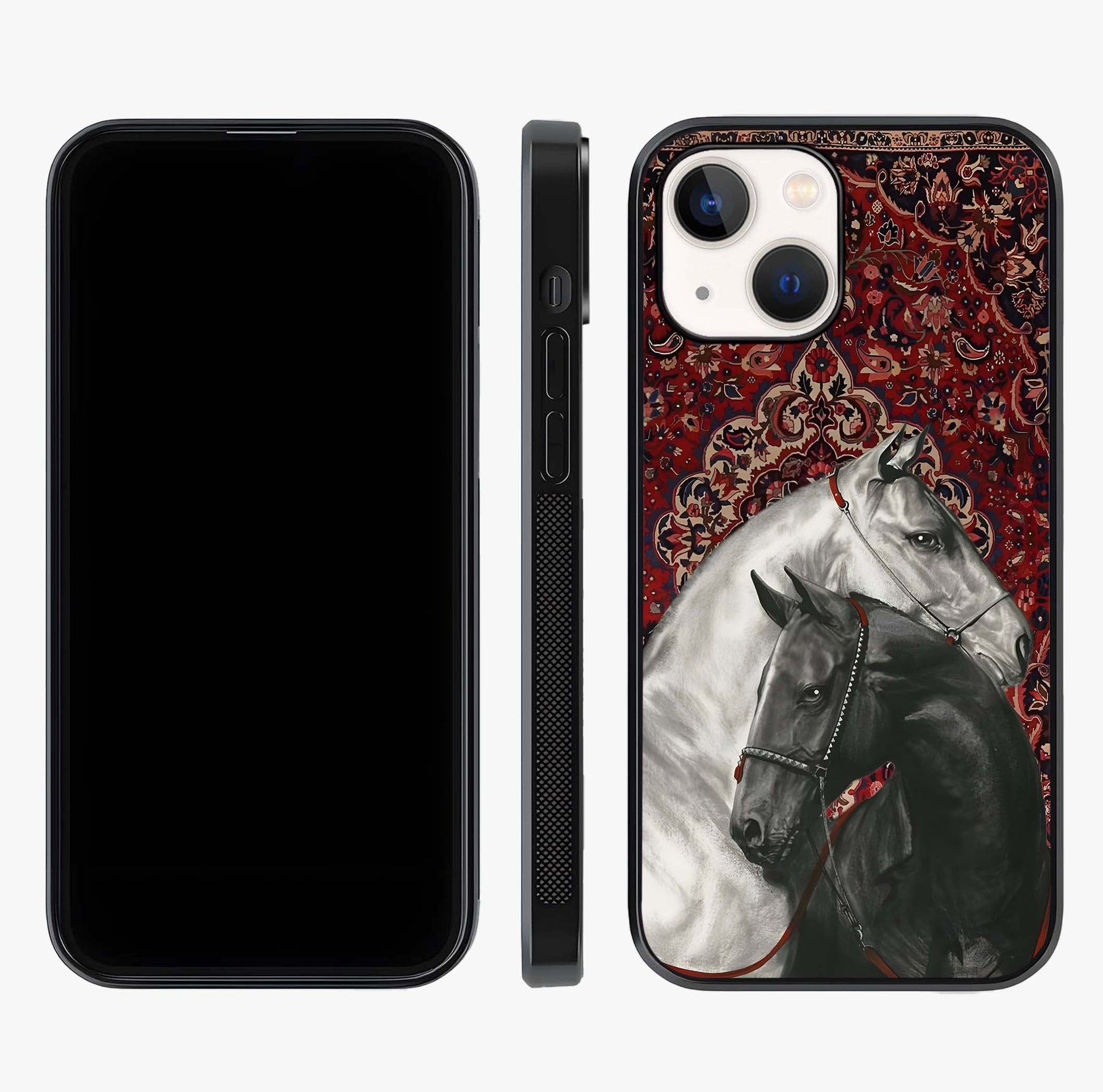 Regal Stallion Tapestry Glass Case displayed upright for full design visibility and premium finish.