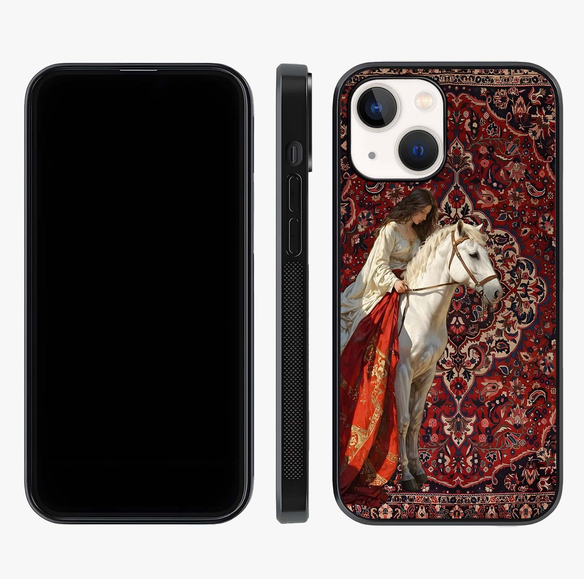 Royal Rider Tapestry Glass Case displayed upright for full design visibility and premium finish.