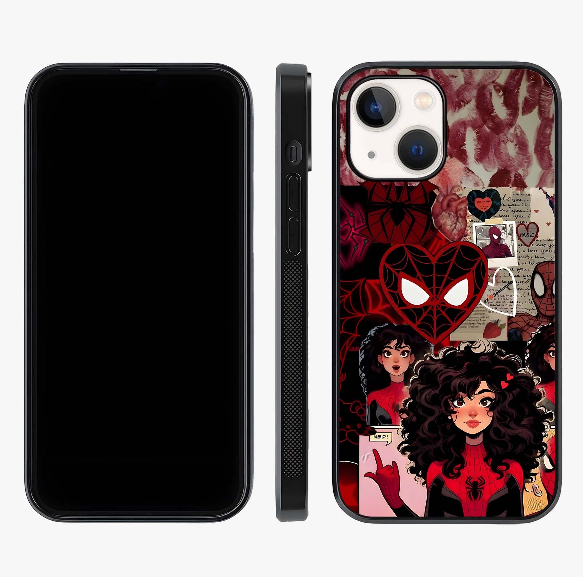 Spider Love Story Glass Case displayed upright for full design visibility and premium finish.