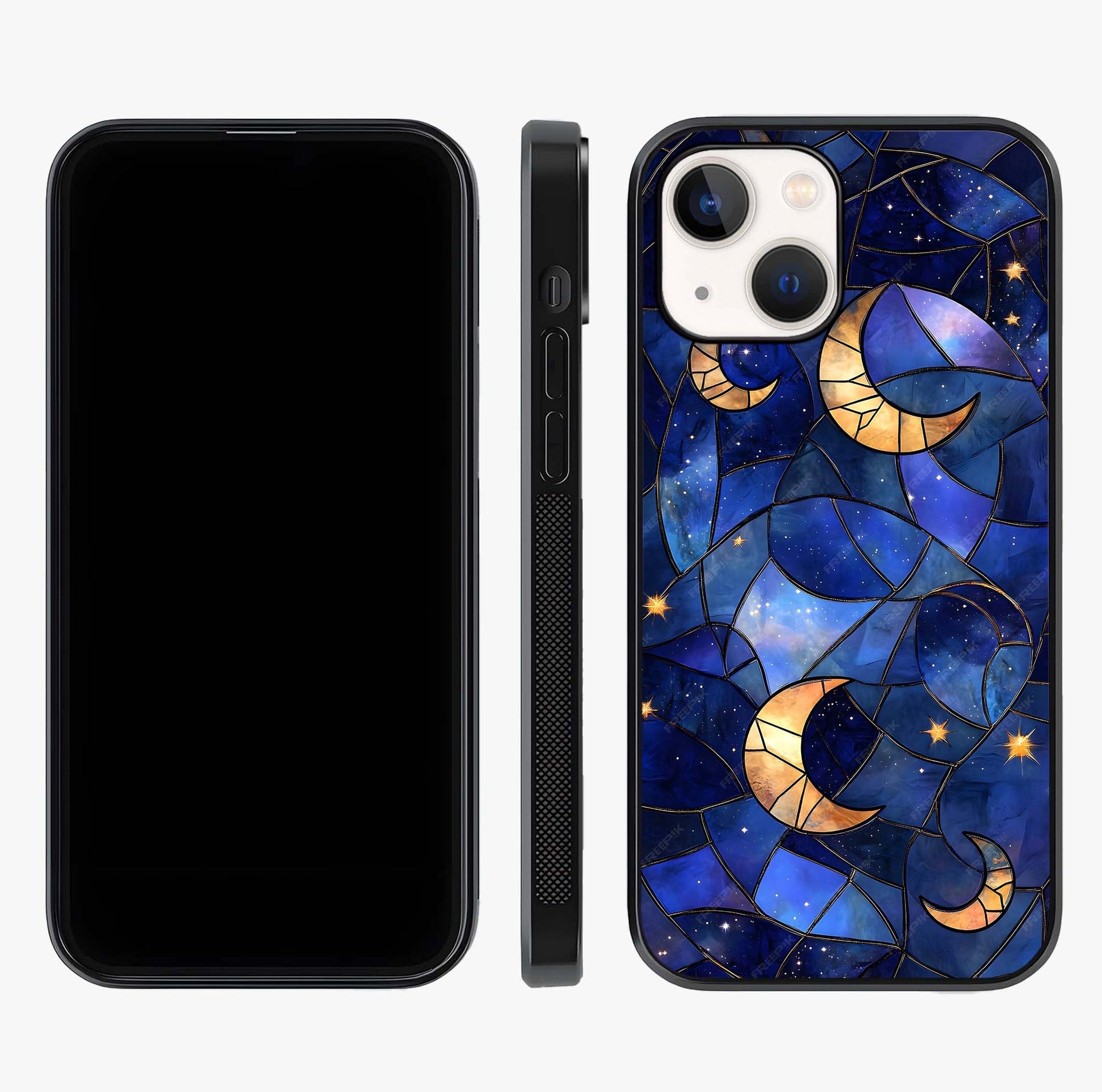 Starlit Sky Tapestry Glass Case displayed upright for full design visibility and premium finish.
