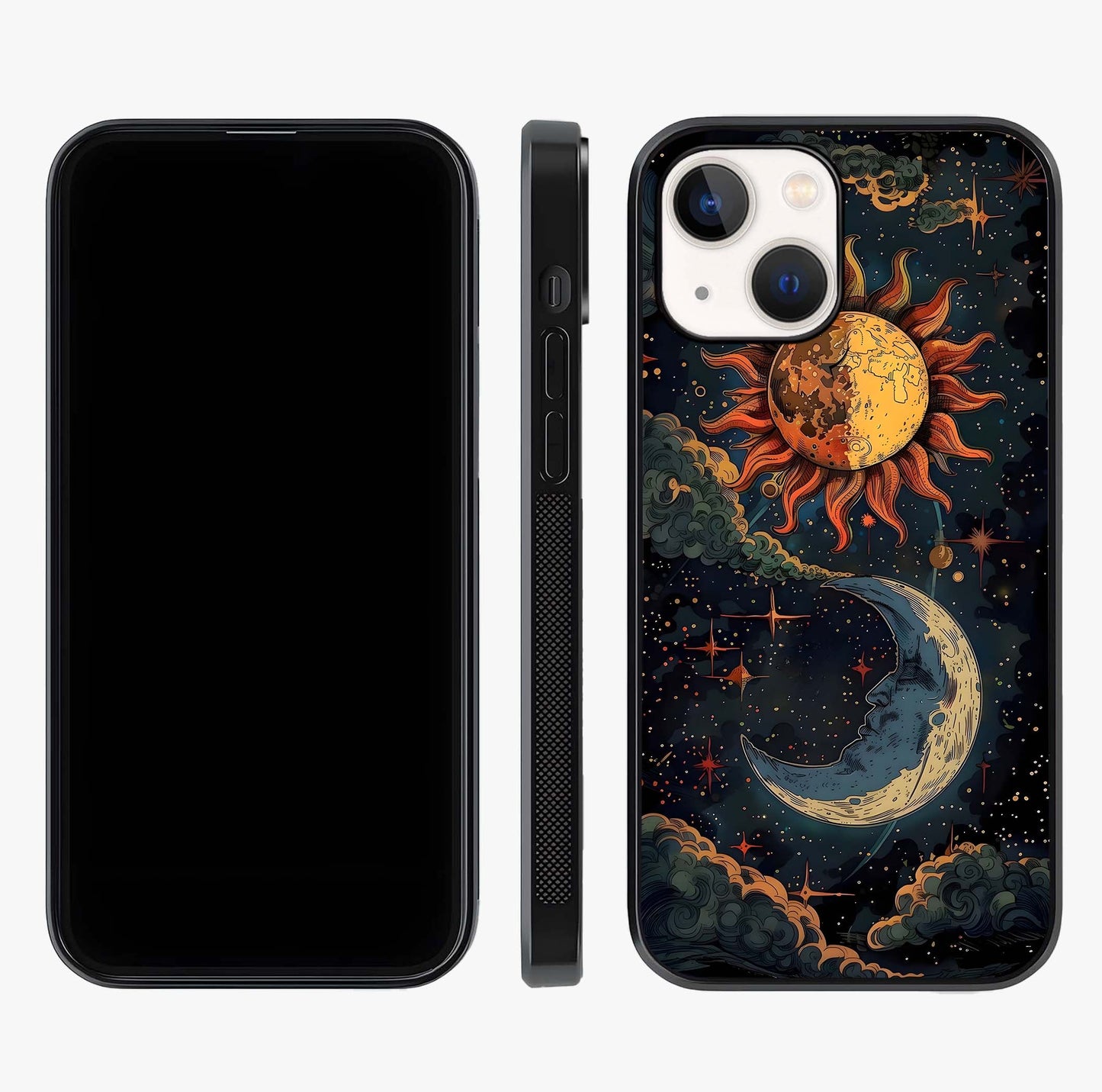 Sun And Moon Magic Design Glass Case displayed upright for full design visibility and premium finish.