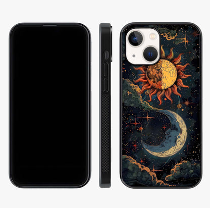 Sun And Moon Magic Design Glass Case displayed upright for full design visibility and premium finish.