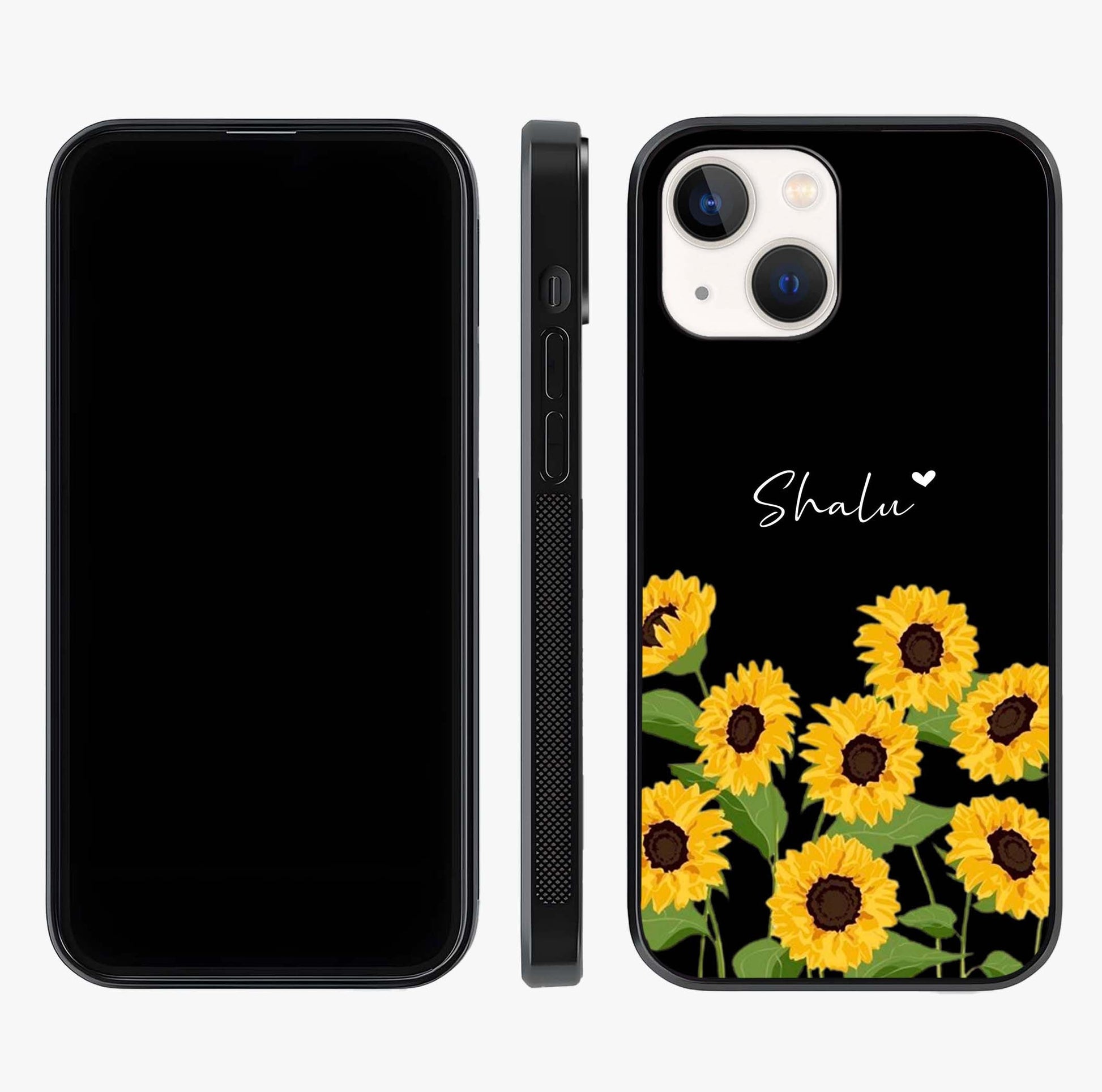 Sunflower Chic Mood Custom Name Glass Case displayed upright for full design visibility and premium finish.