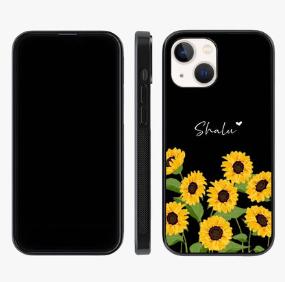 Sunflower Chic Mood Custom Name Glass Case displayed upright for full design visibility and premium finish.