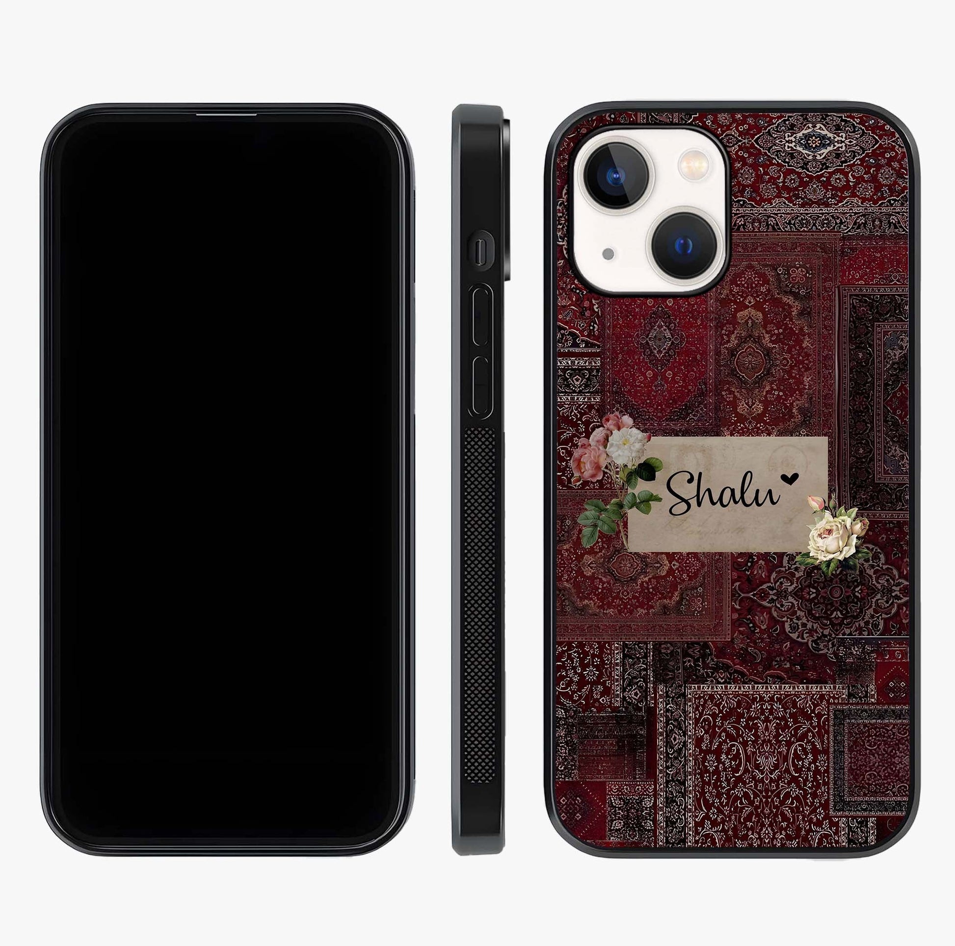 Velvet Wine Pattern Custom Name Glass Case displayed upright for full design visibility and premium finish.