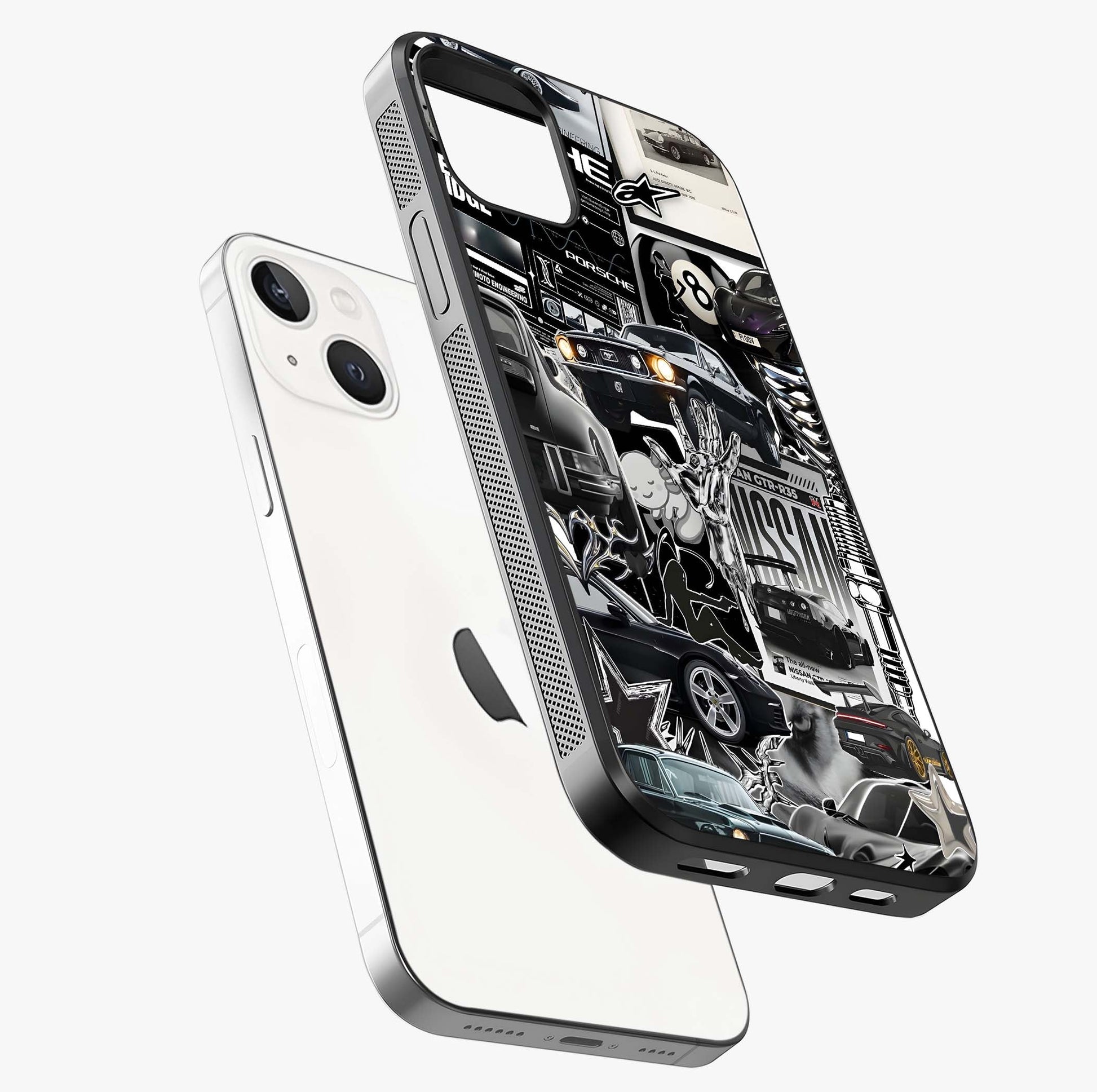 Aesthetic Dark Love Glass Case laid diagonally highlighting side profile, edges and glossy glass shine.