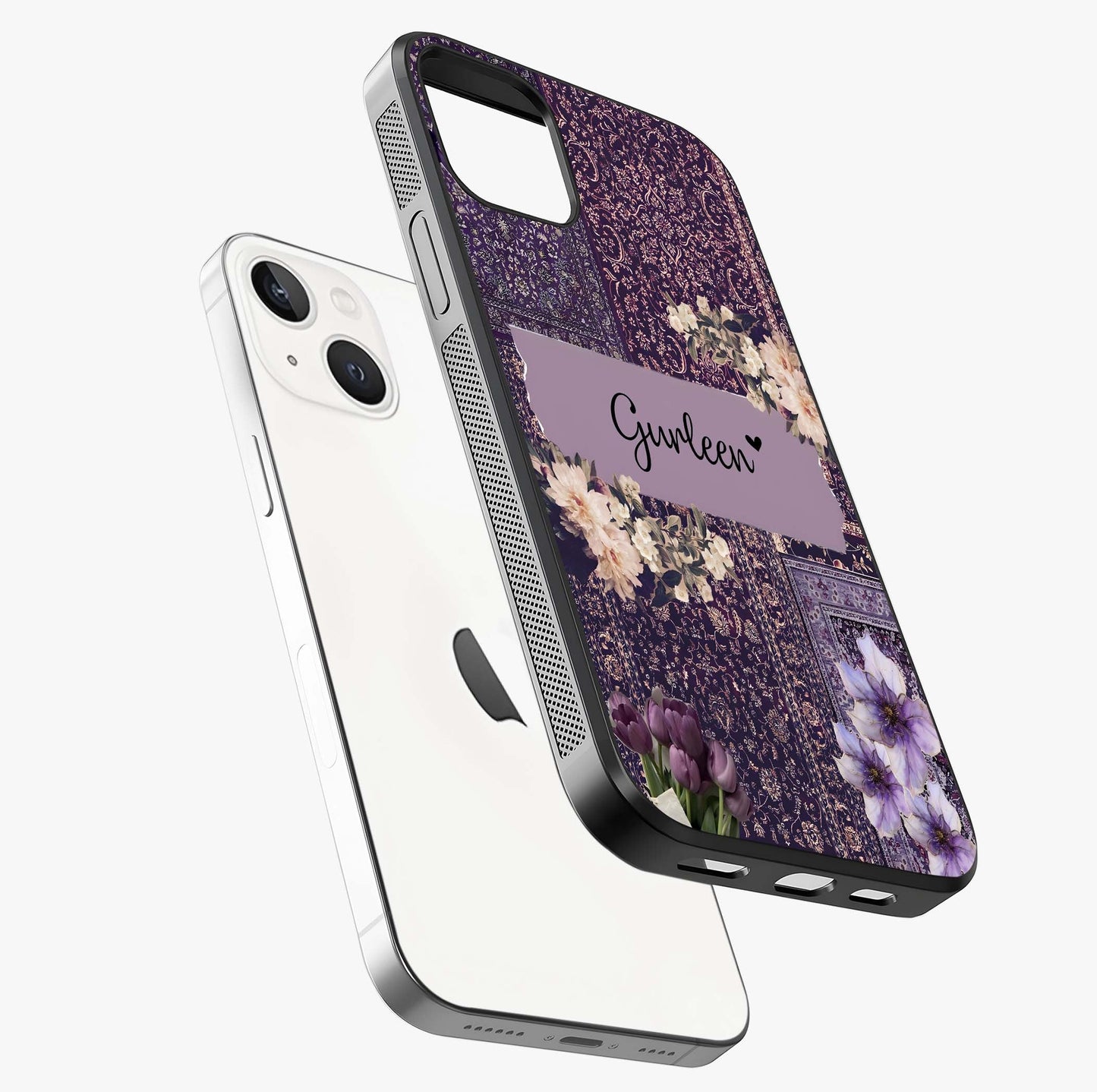 Antique Floral Whisper Custom Name Glass Case laid diagonally highlighting side profile, edges and glossy glass shine.