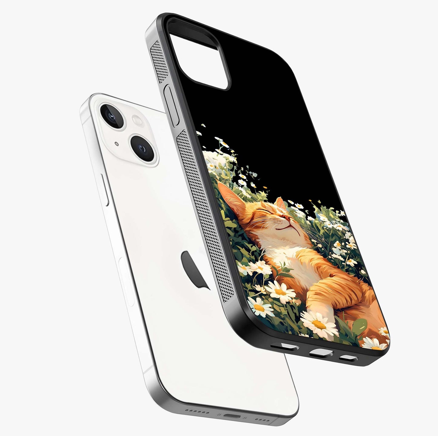 Blissful Bloom Cat Glass Case laid diagonally highlighting side profile, edges and glossy glass shine.