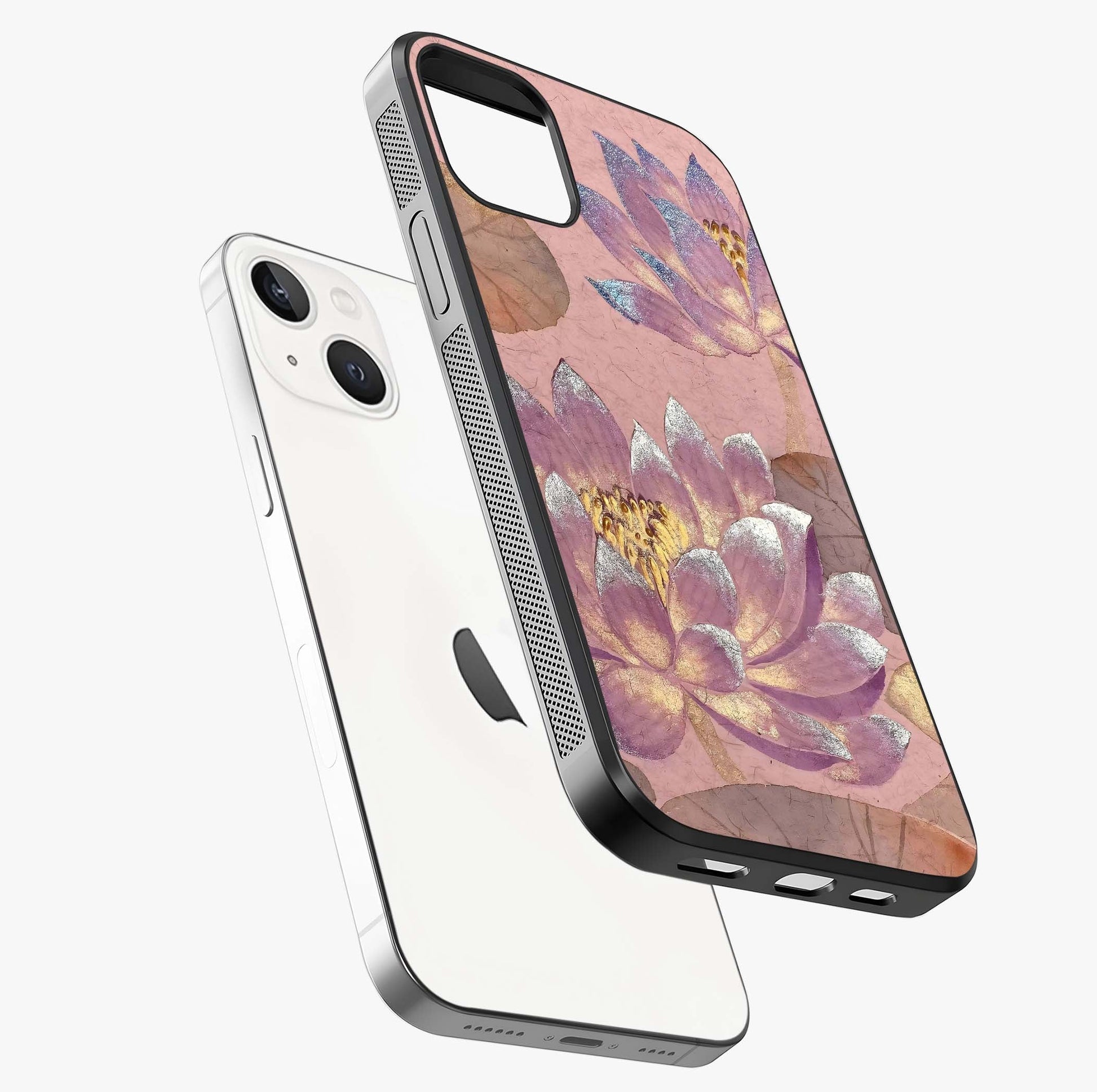 Blossom Mist Lotus Glass Case laid diagonally highlighting side profile, edges and glossy glass shine.