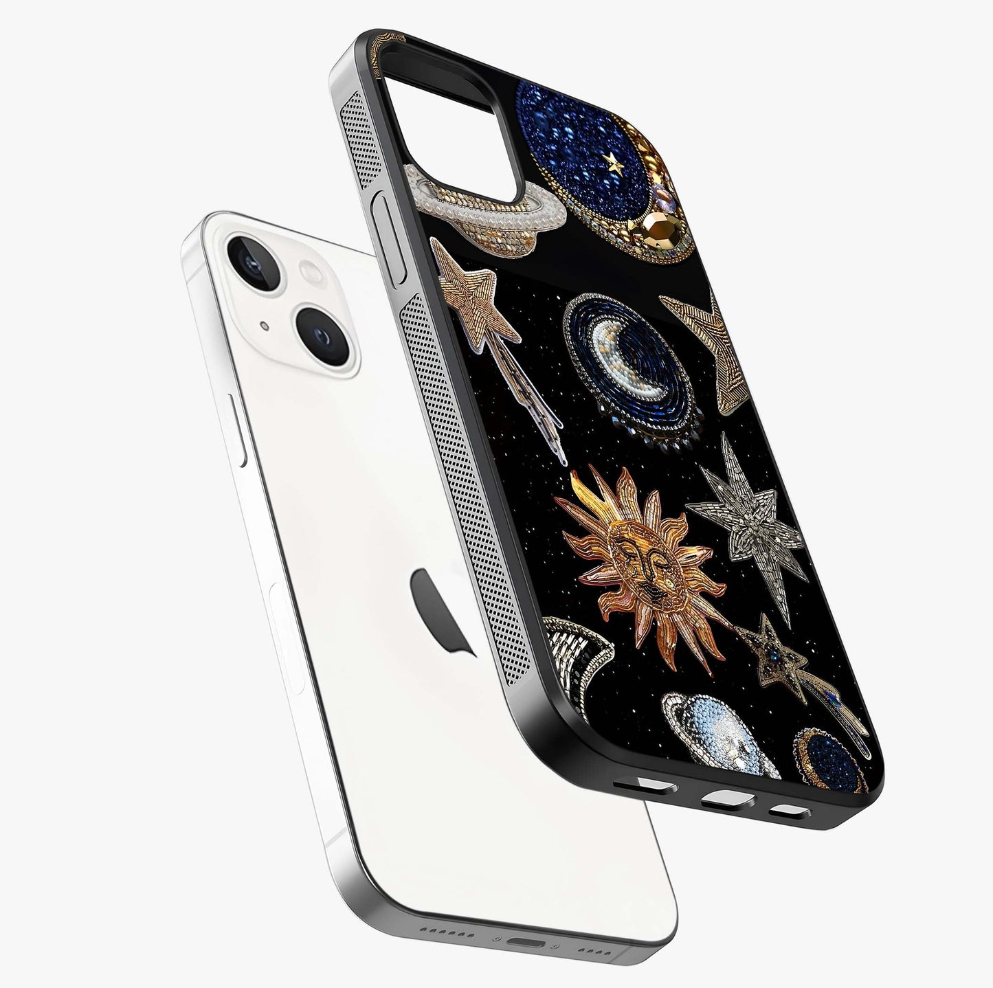 Celestial Gem Constellations Glass Case laid diagonally highlighting side profile, edges and glossy glass shine.