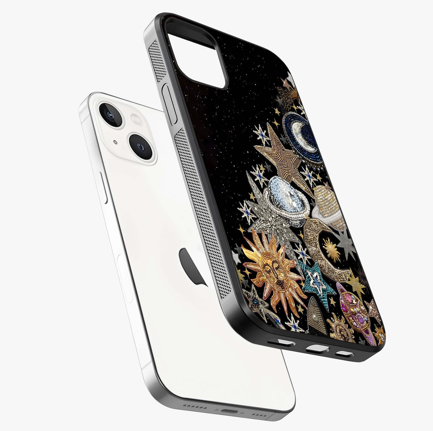 Cosmic Sparkle Dreams Glass Case laid diagonally highlighting side profile, edges and glossy glass shine.