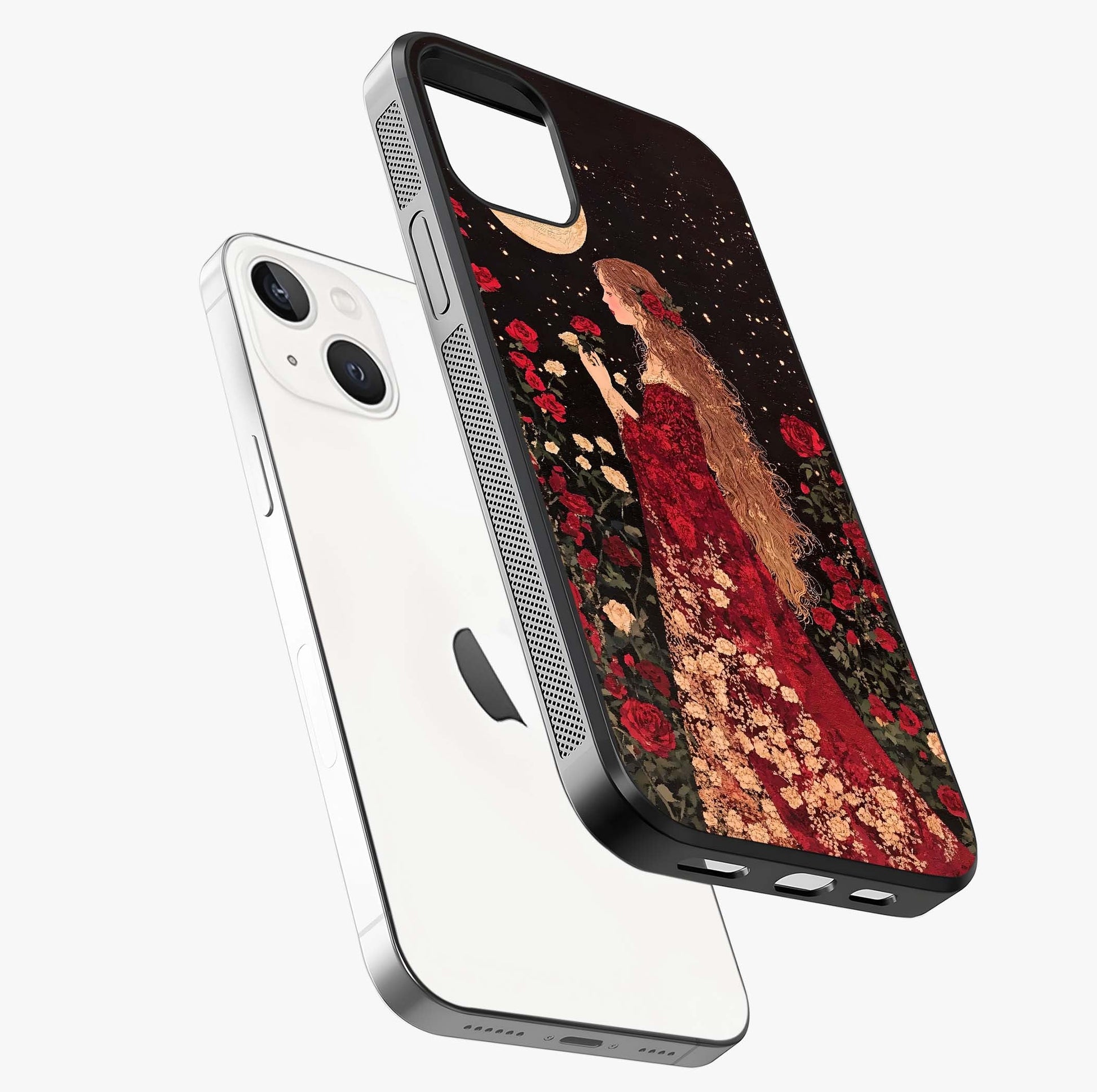 Crimson Dreams Glass Case laid diagonally highlighting side profile, edges and glossy glass shine.