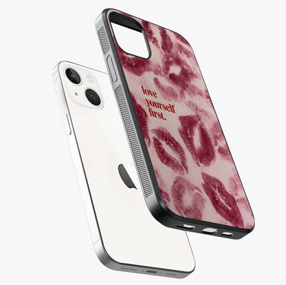 Crimson Kiss Love Glass Case laid diagonally highlighting side profile, edges and glossy glass shine.