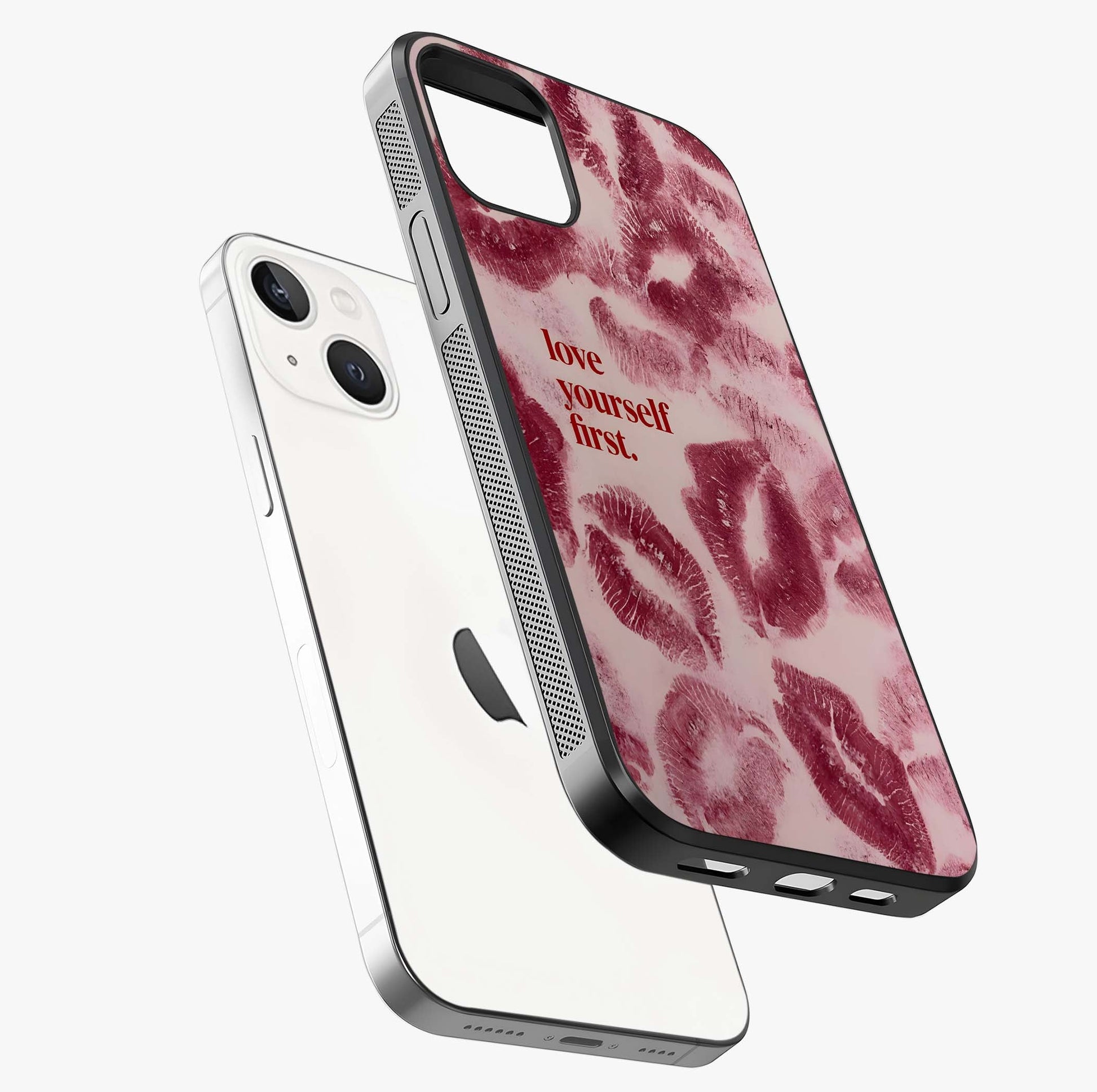 Crimson Kiss Love Glass Case laid diagonally highlighting side profile, edges and glossy glass shine.