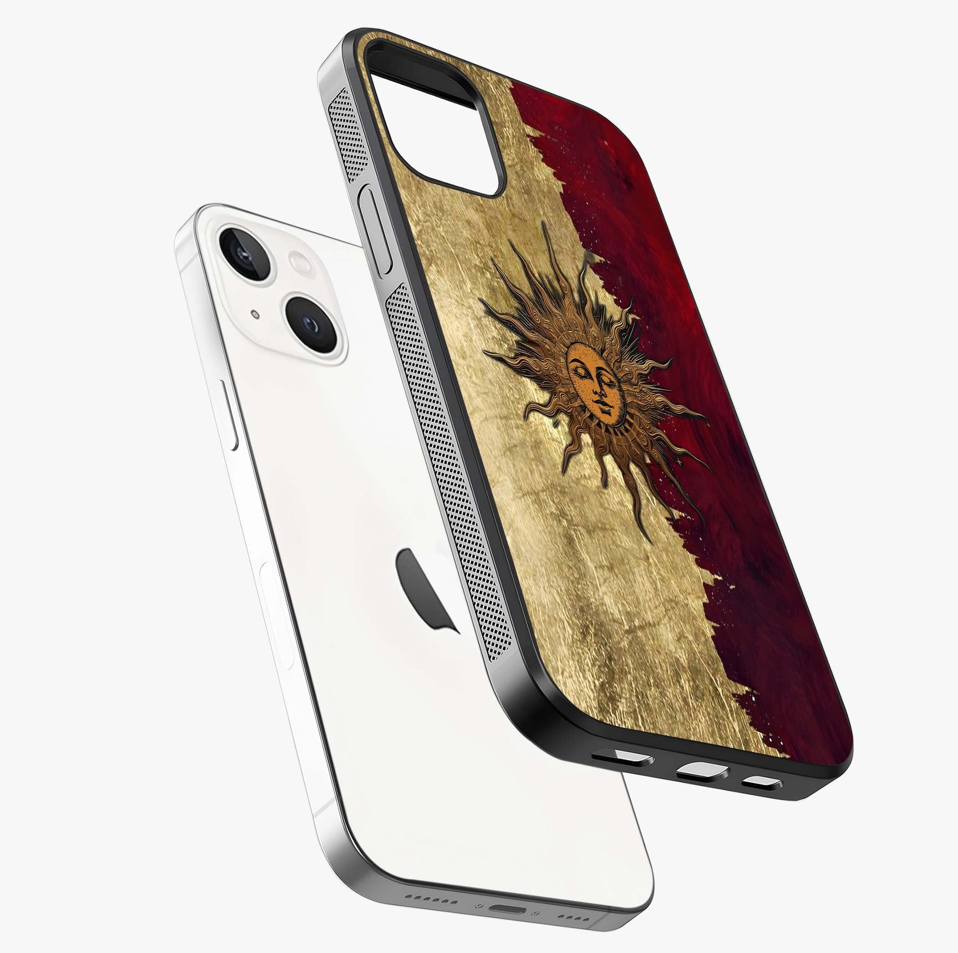 Crimson Sun Majesty Glass Case laid diagonally highlighting side profile, edges and glossy glass shine.