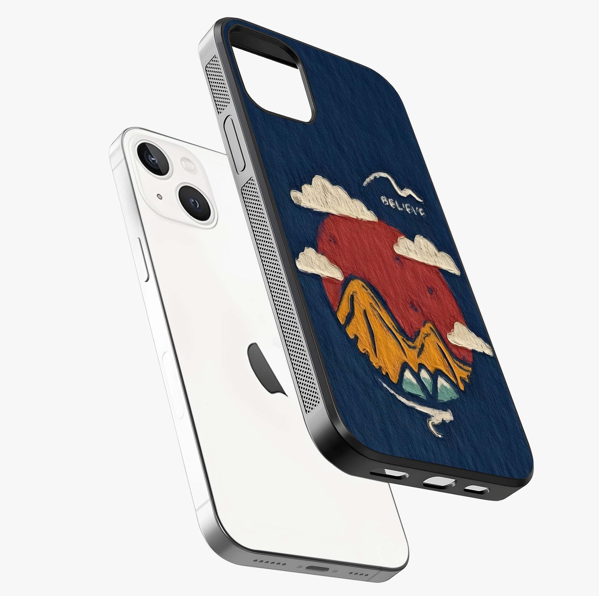 Dream Beyond Mountains Glass Case laid diagonally highlighting side profile, edges and glossy glass shine.