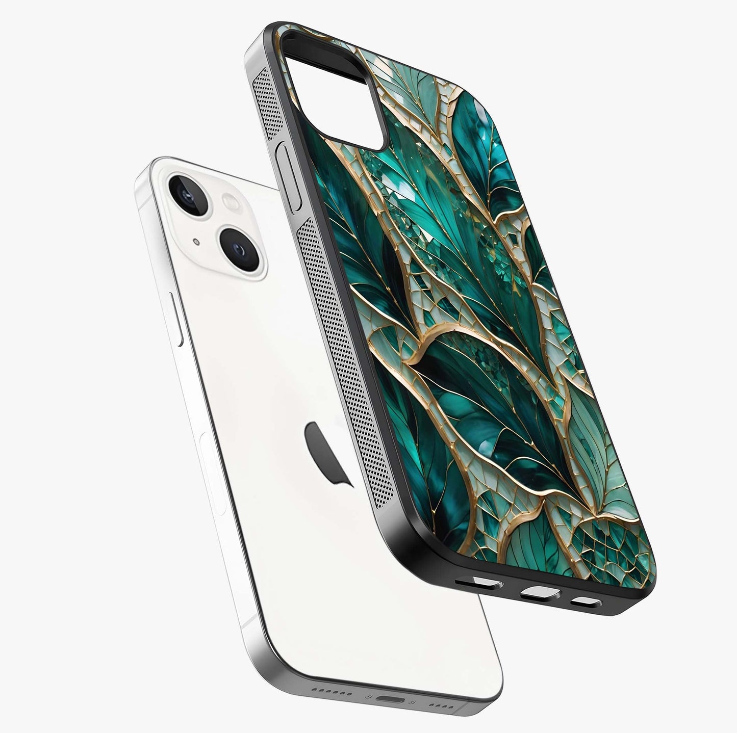 Emerald Leaf Glass Glass Case laid diagonally highlighting side profile, edges and glossy glass shine.