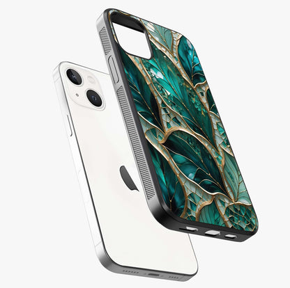 Emerald Leaf Glass Glass Case laid diagonally highlighting side profile, edges and glossy glass shine.