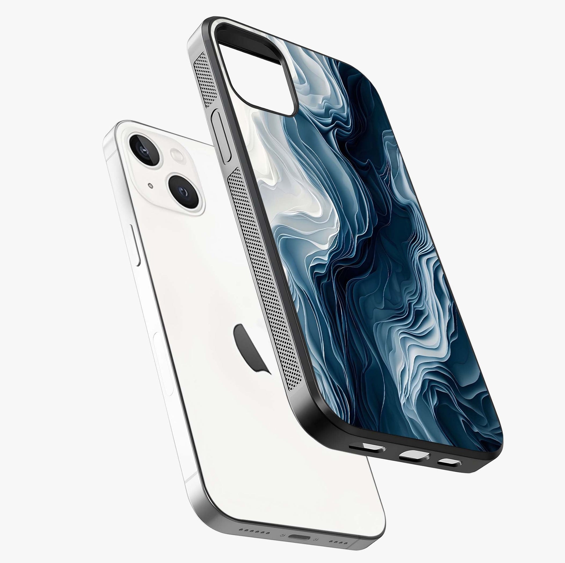 Ethereal Paper Marble Glass Case laid diagonally highlighting side profile, edges and glossy glass shine.