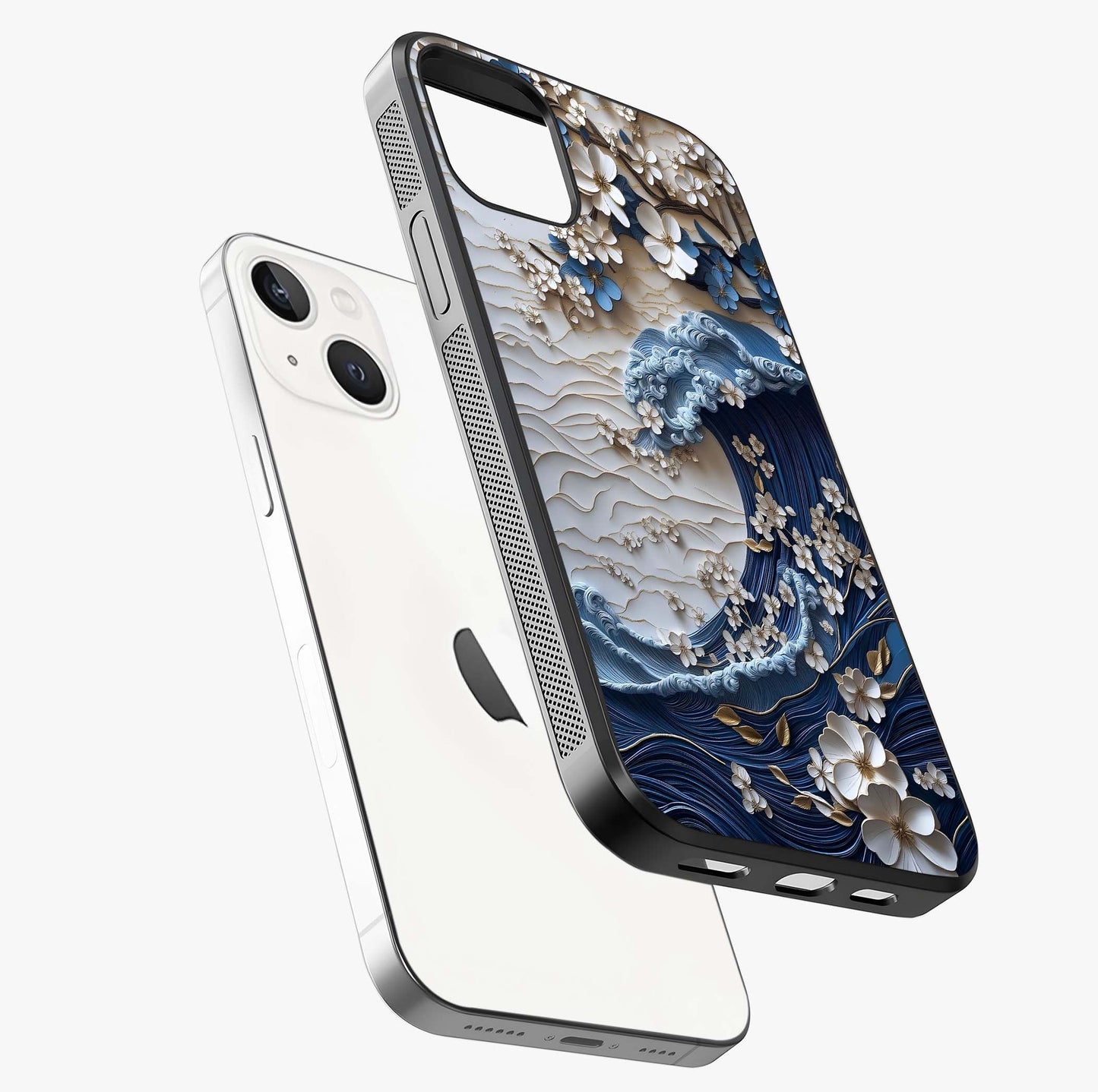 Floral Wave Origami Glass Case laid diagonally highlighting side profile, edges and glossy glass shine.