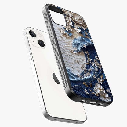Floral Wave Origami Glass Case laid diagonally highlighting side profile, edges and glossy glass shine.