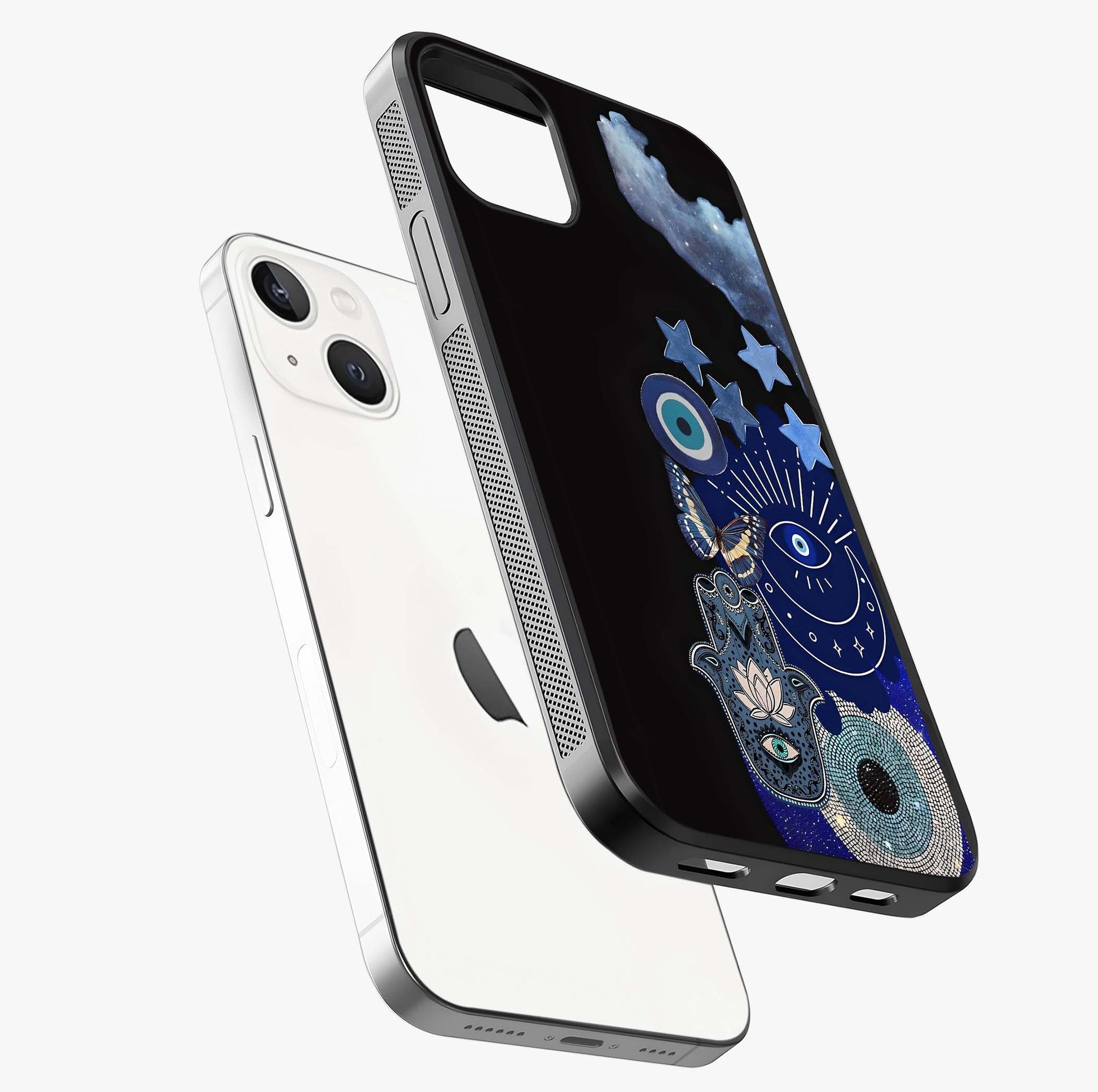 Galactic Charm Cluster Glass Case laid diagonally highlighting side profile, edges and glossy glass shine.