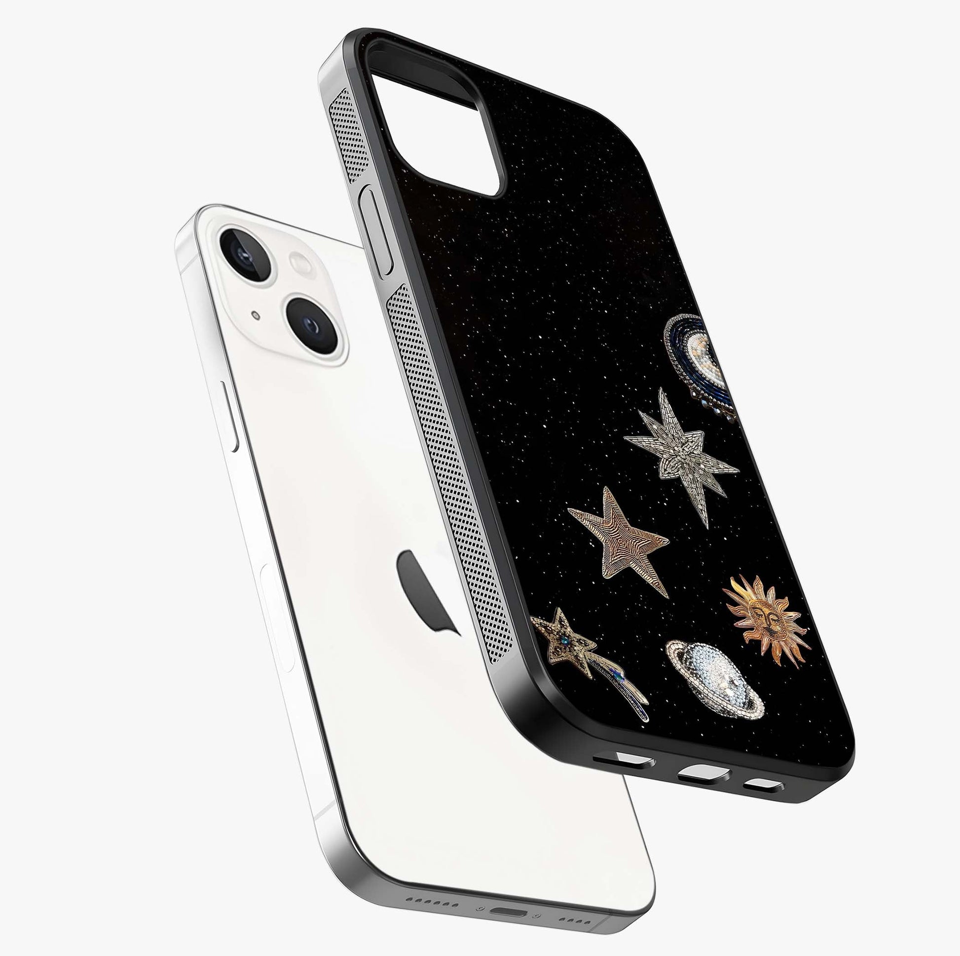 Galactic Charm Glow Glass Case laid diagonally highlighting side profile, edges and glossy glass shine.