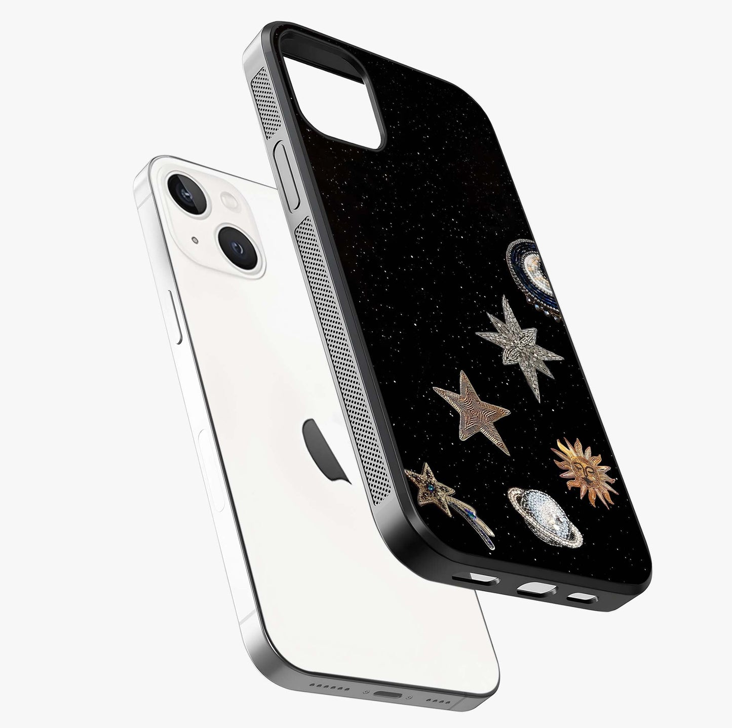 Galactic Charm Glow Glass Case laid diagonally highlighting side profile, edges and glossy glass shine.