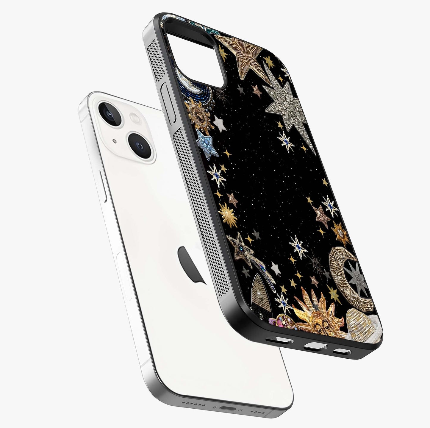 Galactic Jewel Stars Glass Case laid diagonally highlighting side profile, edges and glossy glass shine.