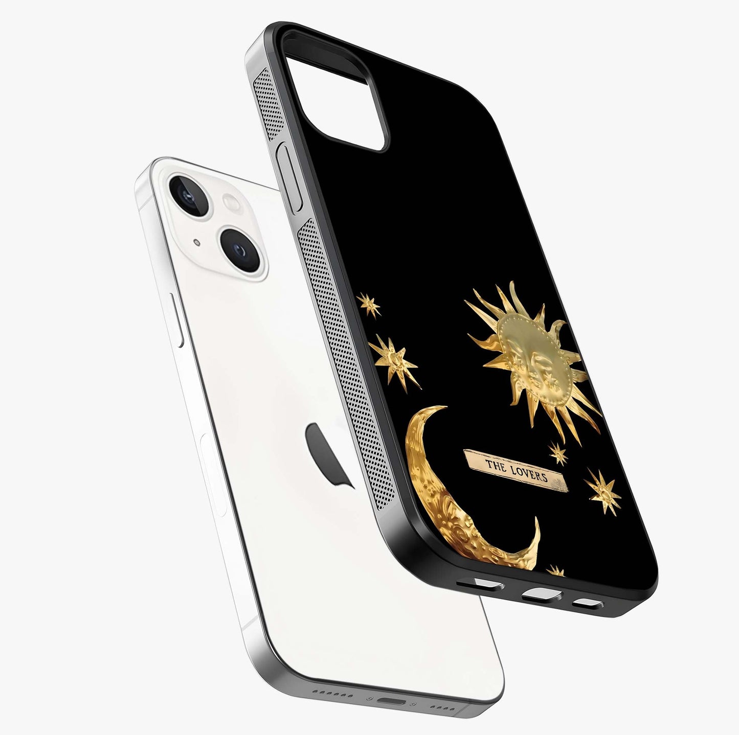 Golden Celestial Charm Glass Case laid diagonally highlighting side profile, edges and glossy glass shine.