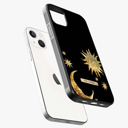 Golden Celestial Charm Glass Case laid diagonally highlighting side profile, edges and glossy glass shine.